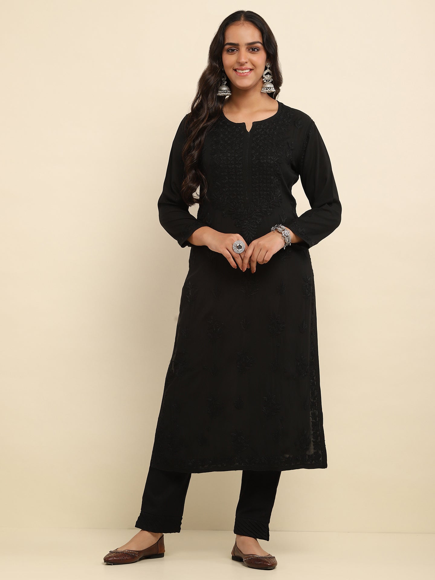 Rayon Chikankari Solid Women's Long Kurta- Black