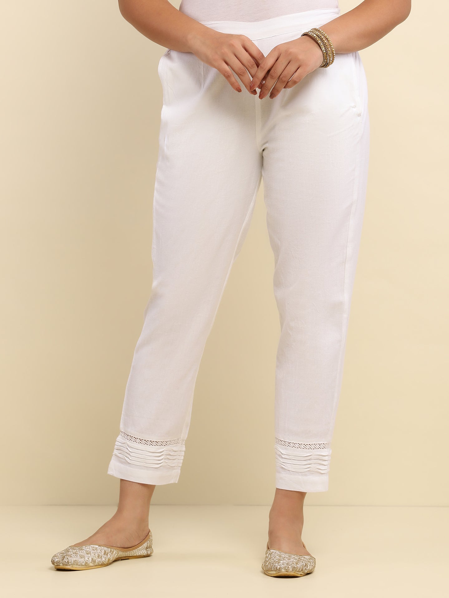 Cotton Satna Pintex Solid Women's Pant With Lace-White
