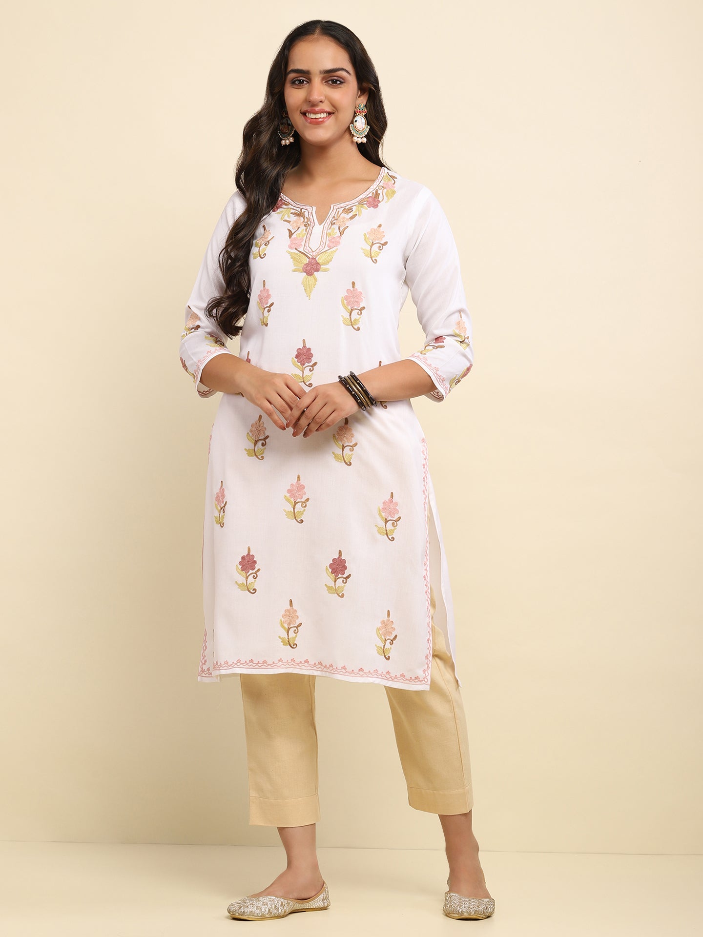 Aari Embroidered Cotton Solid Women's Long Kurta- White