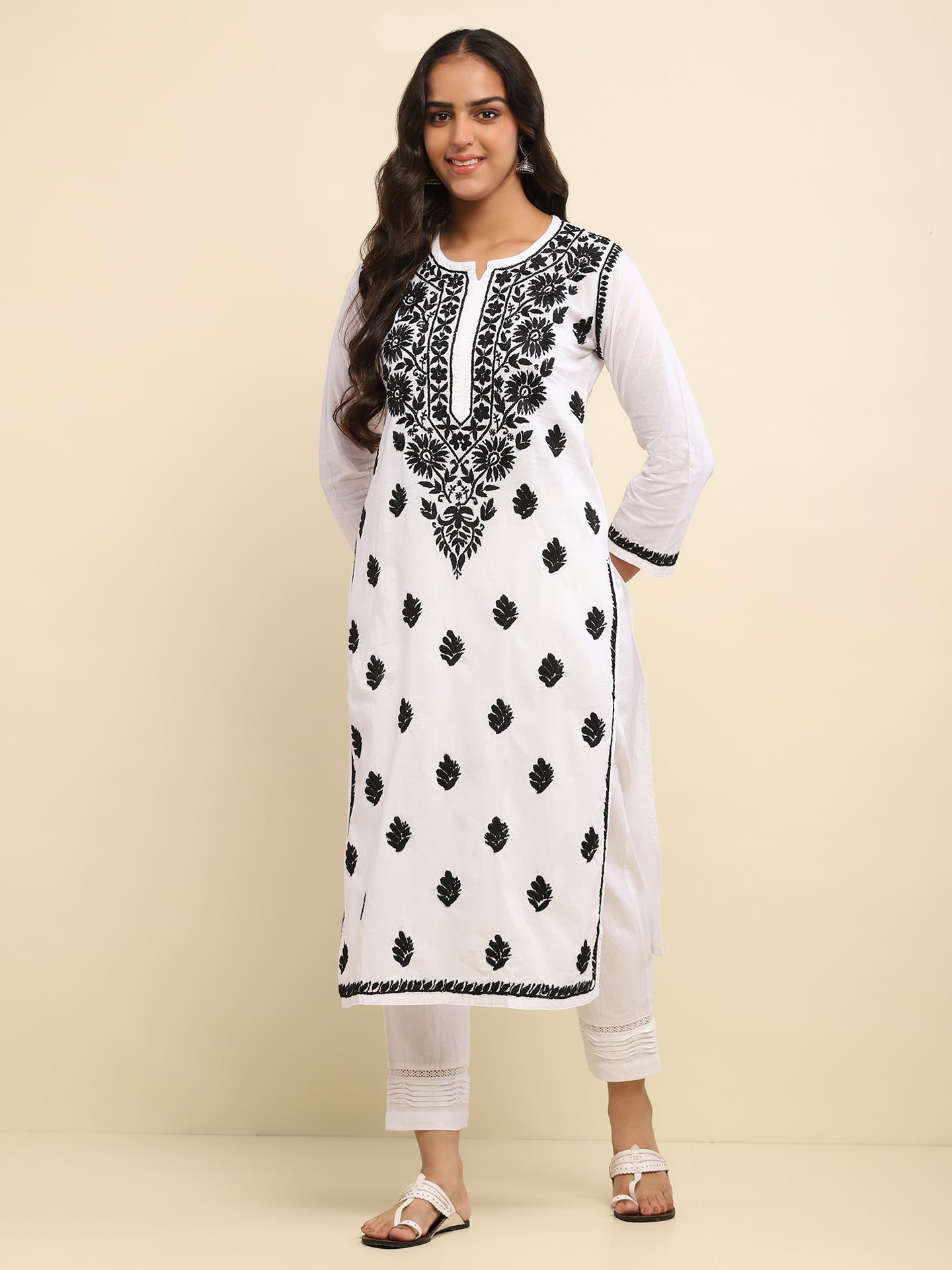 Cotton Chikankari Solid Women's Long Kurta- White