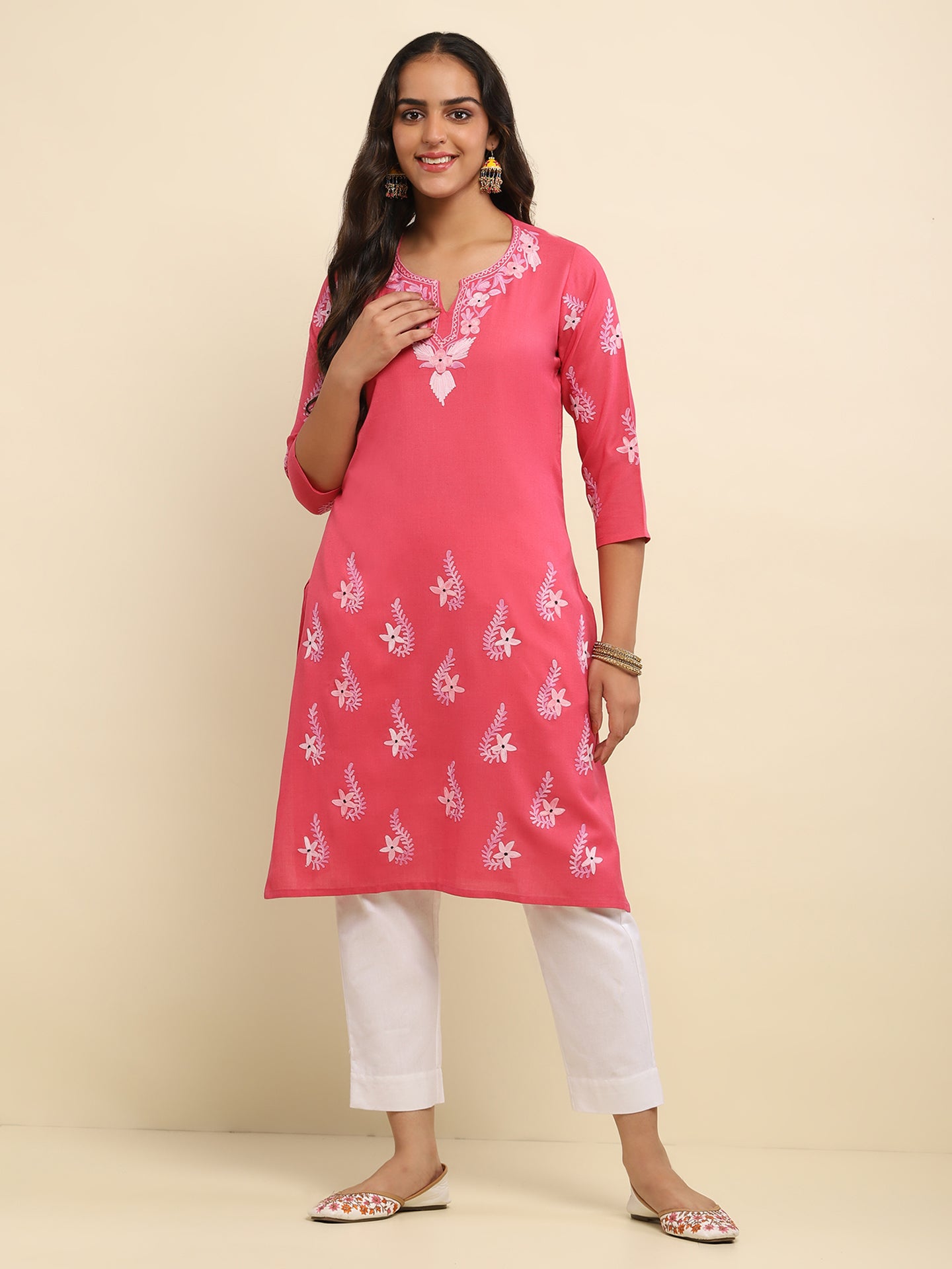 Aari Embroidered Cotton Solid Women's Long Kurta Kurta- Dark Pink