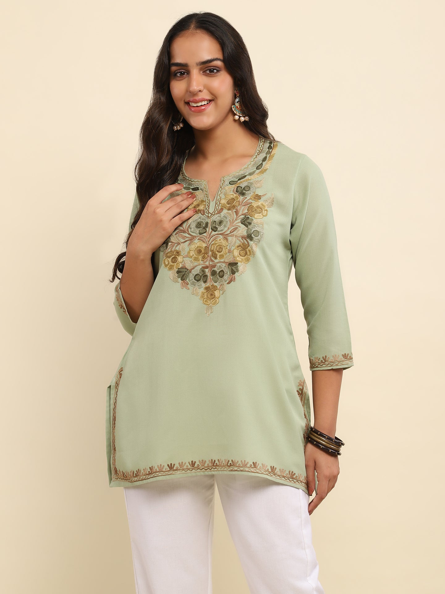 Aari Embroidered Cotton Solid Women's Short Kurta - Pastel Green