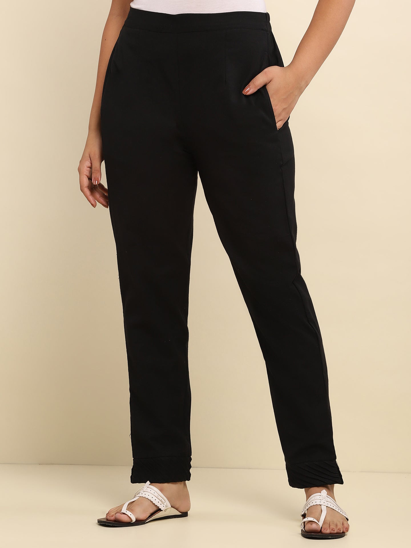 Cotton Pintex Solid Women's Pant - Black