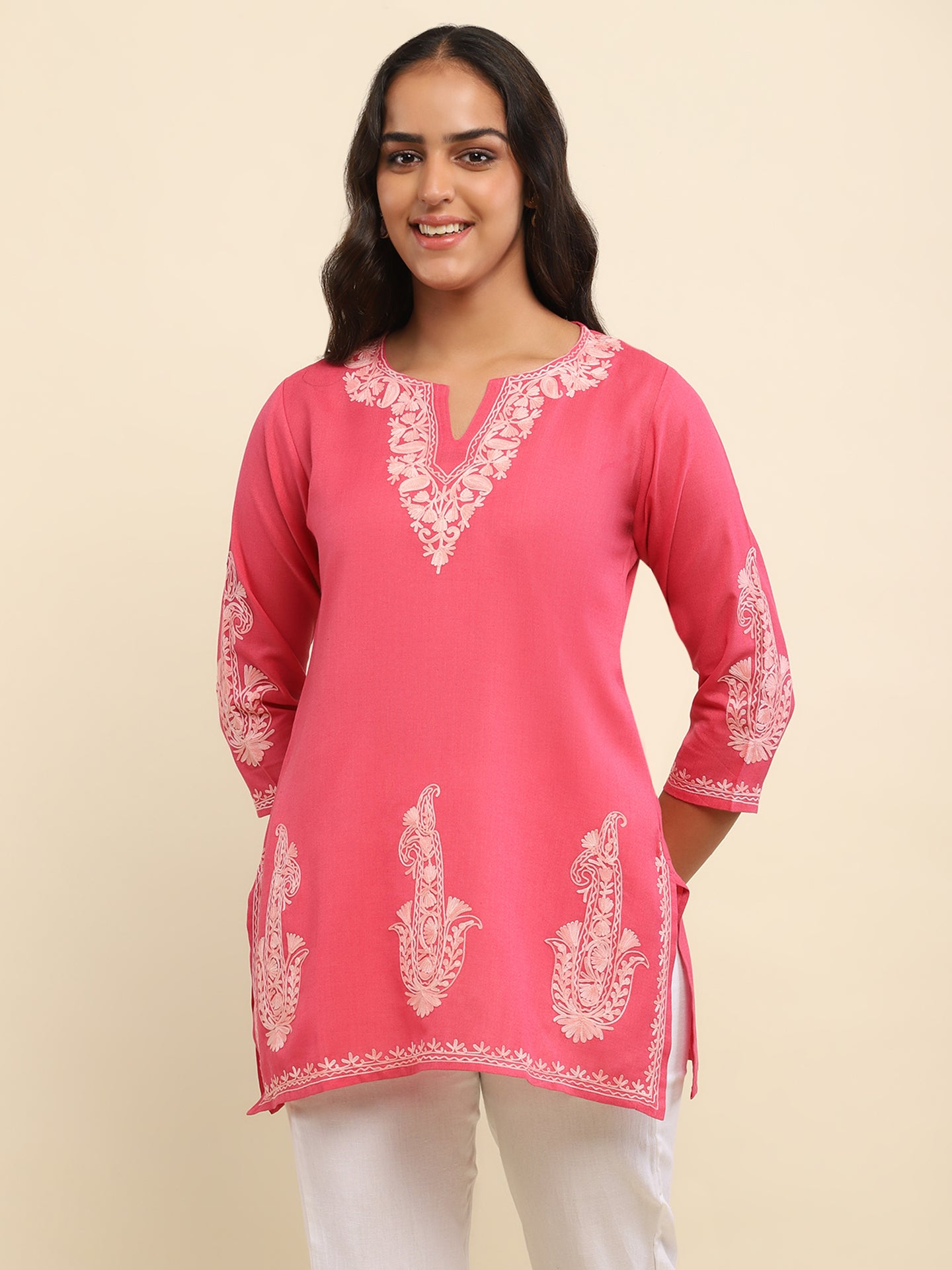Aari Embroidered Cotton Solid Women's Short Kurta - Pink
