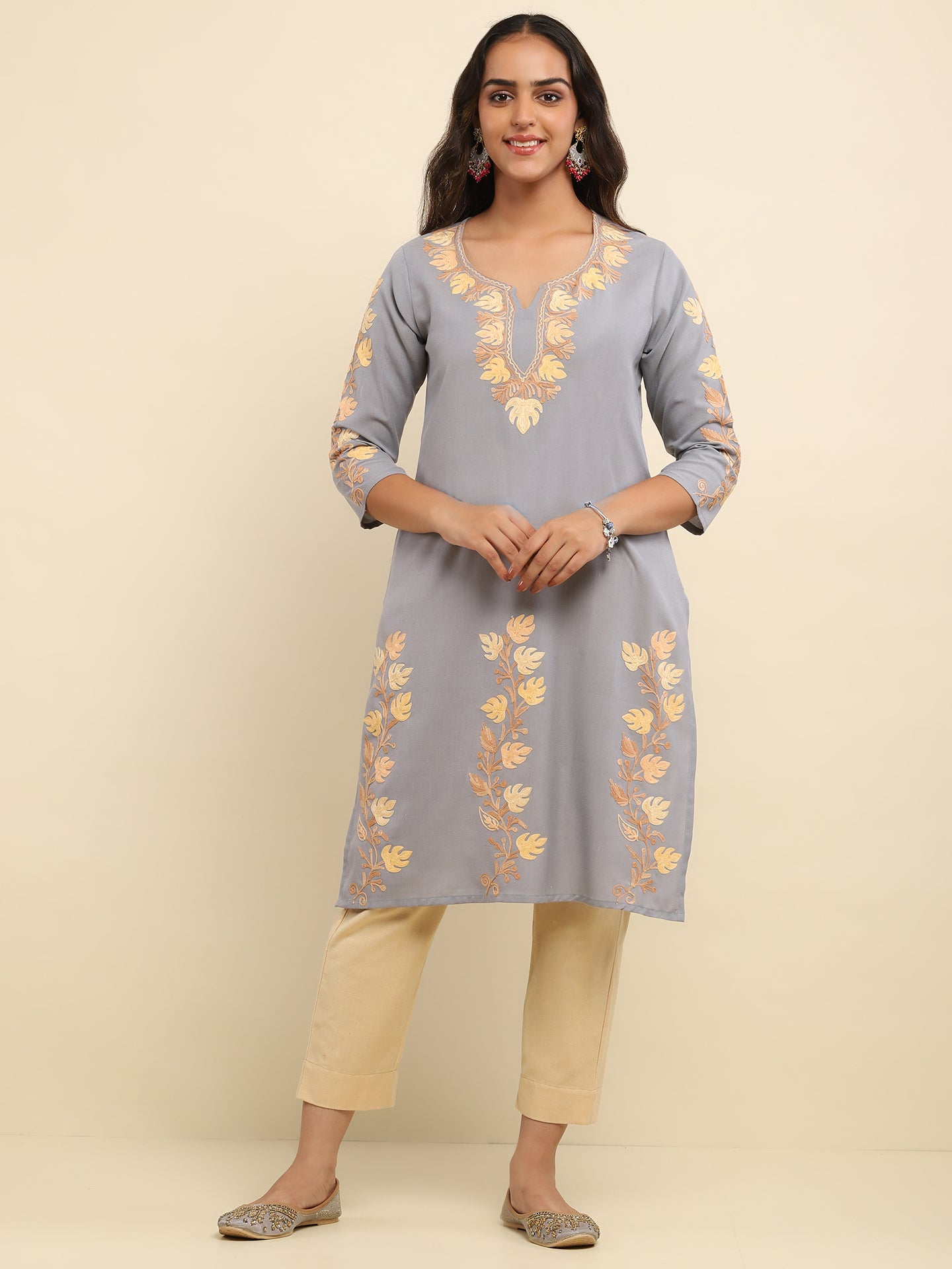 Aari Embroidered Cotton Solid Women's Long Kurta - Grey