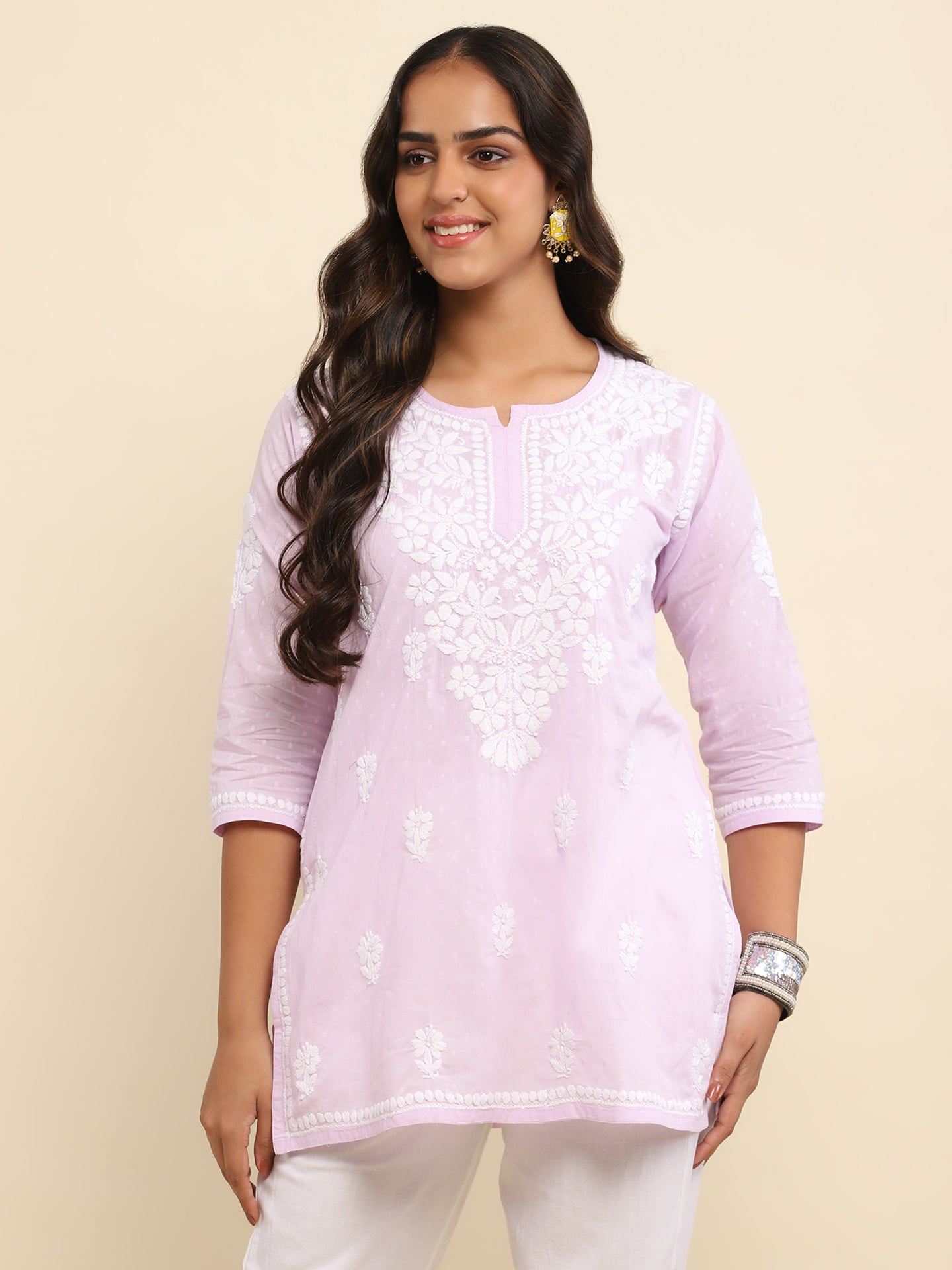 Cotton Chikankari Solid Women's Short Kurta- Lavender