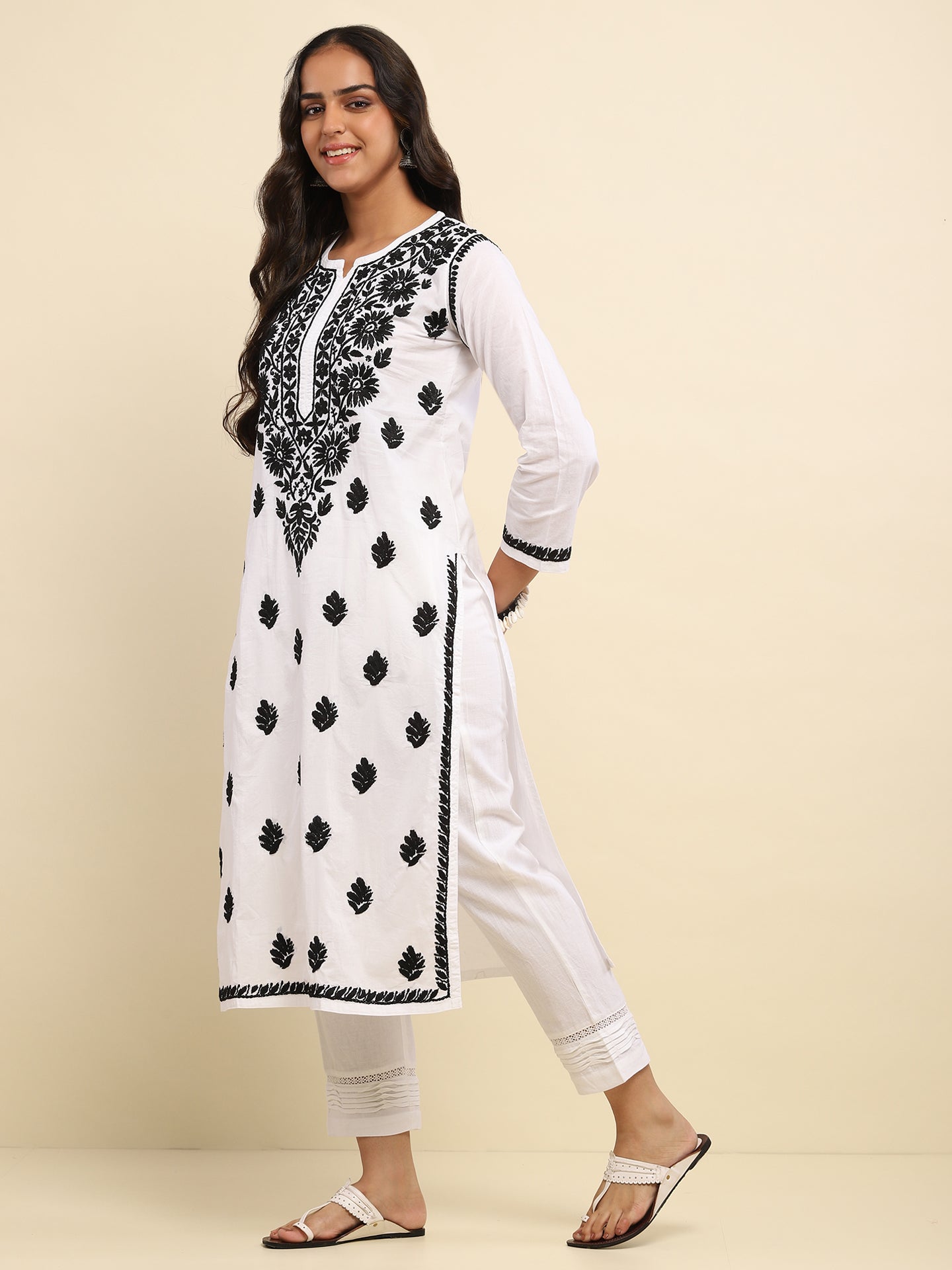 Cotton Chikankari Solid Women's Long Kurta- White