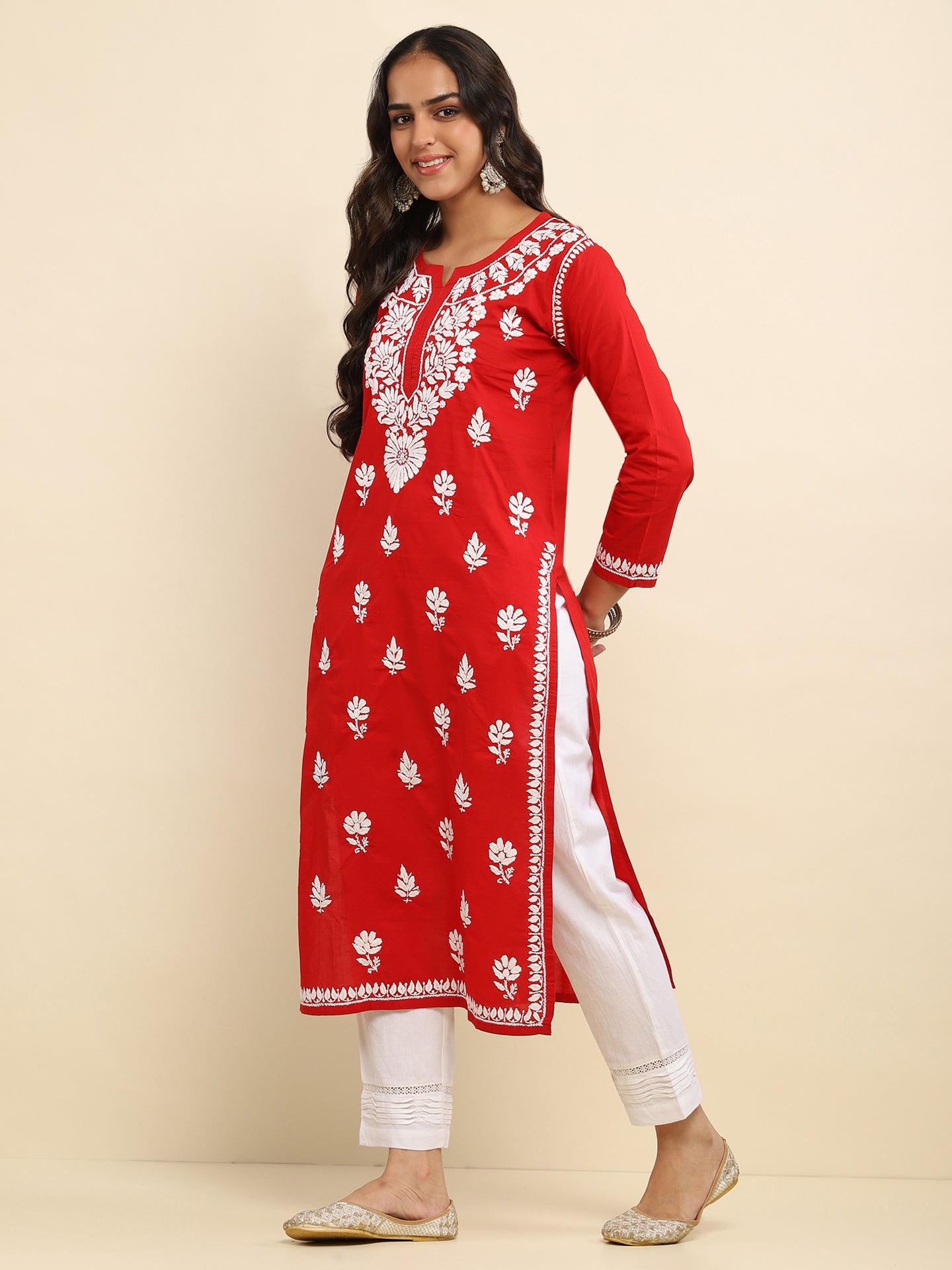 Cotton Chikankari Solid Women's Long Kurta- Red
