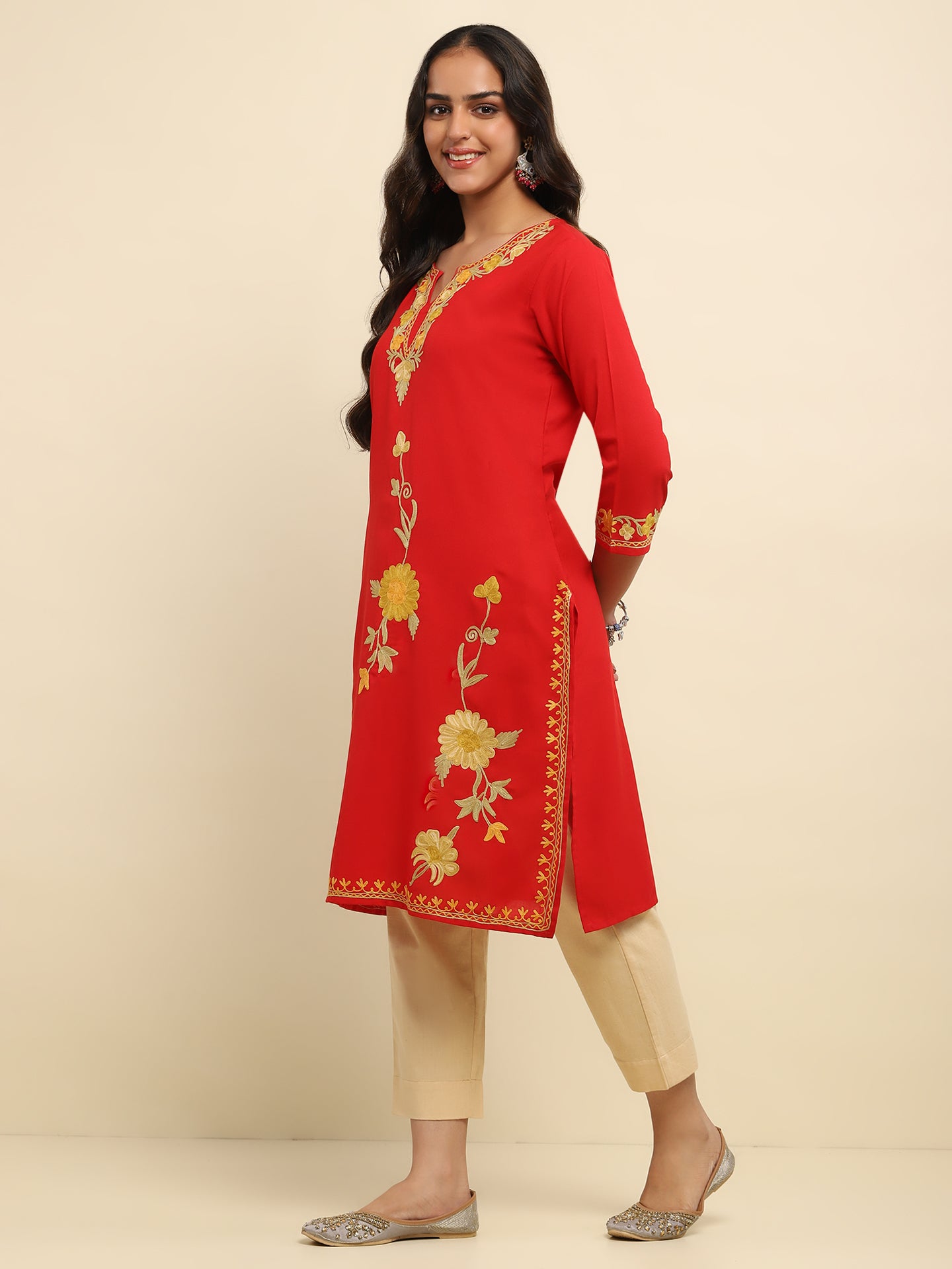 Aari Embroidered Cotton Solid Women's Long Kurta- Red