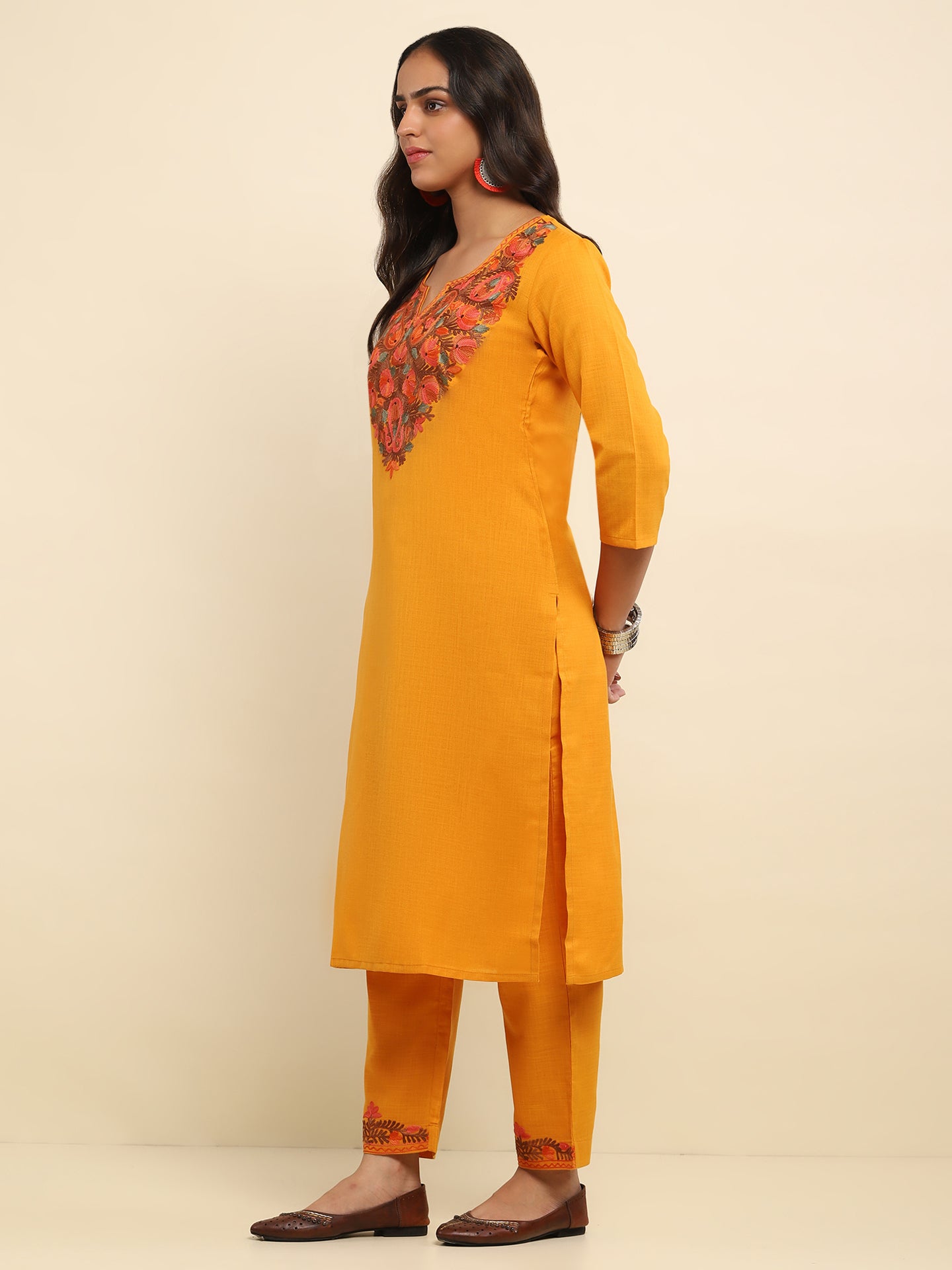 Aari Embroidered Cotton Solid Women's 2 PC Long Kurta Set- Mustard Yellow