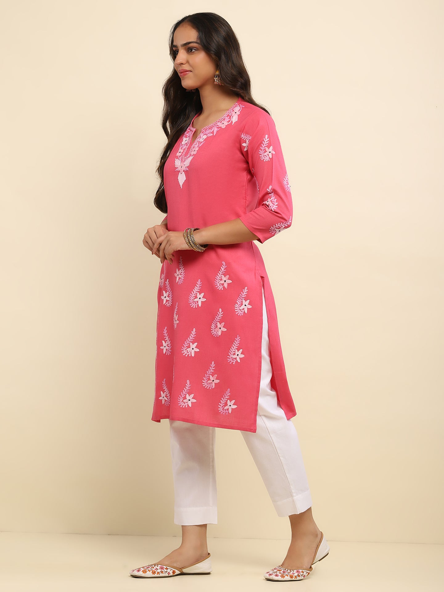 Aari Embroidered Cotton Solid Women's Long Kurta Kurta- Dark Pink