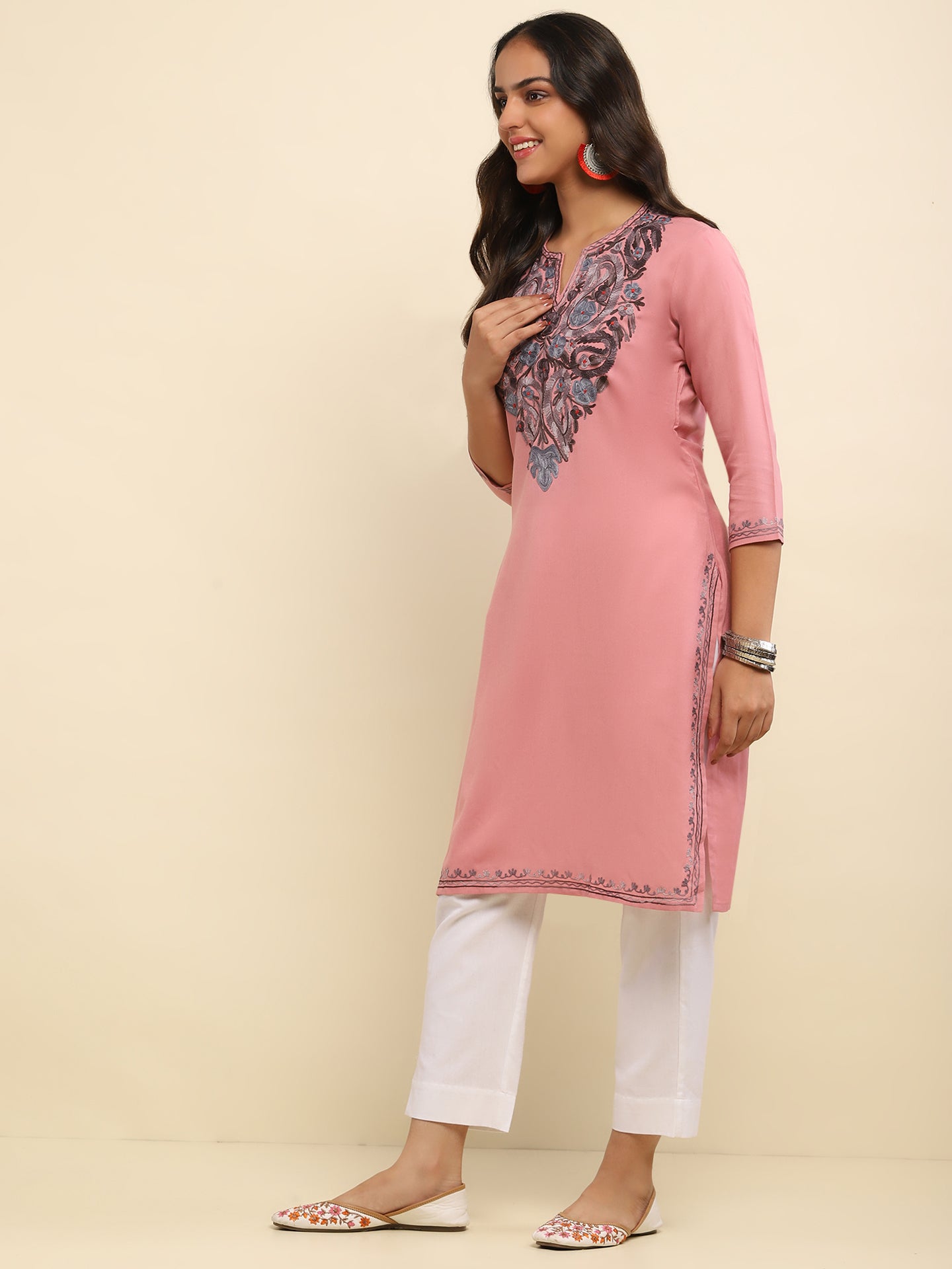 Aari Embroidered Cotton Solid Women's Long Kurta- Dusty Pink