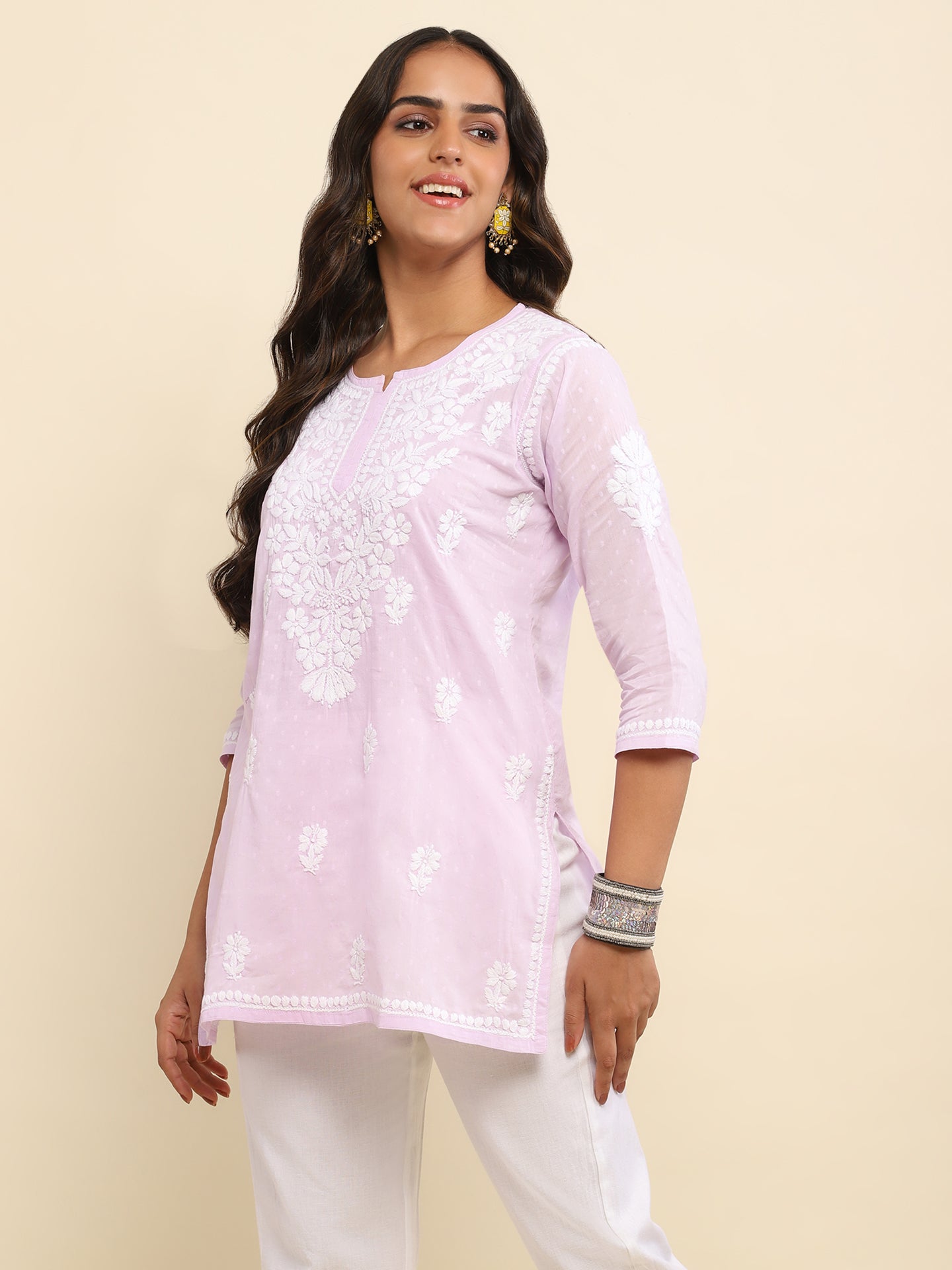 Cotton Chikankari Solid Women's Short Kurta- Lavender