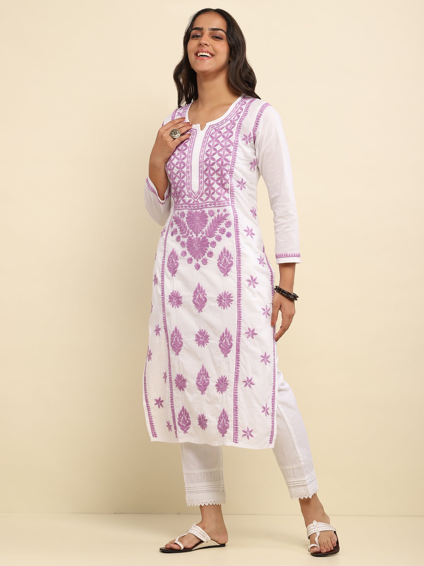 Cotton Chikankari Solid Women's Long Kurta- White