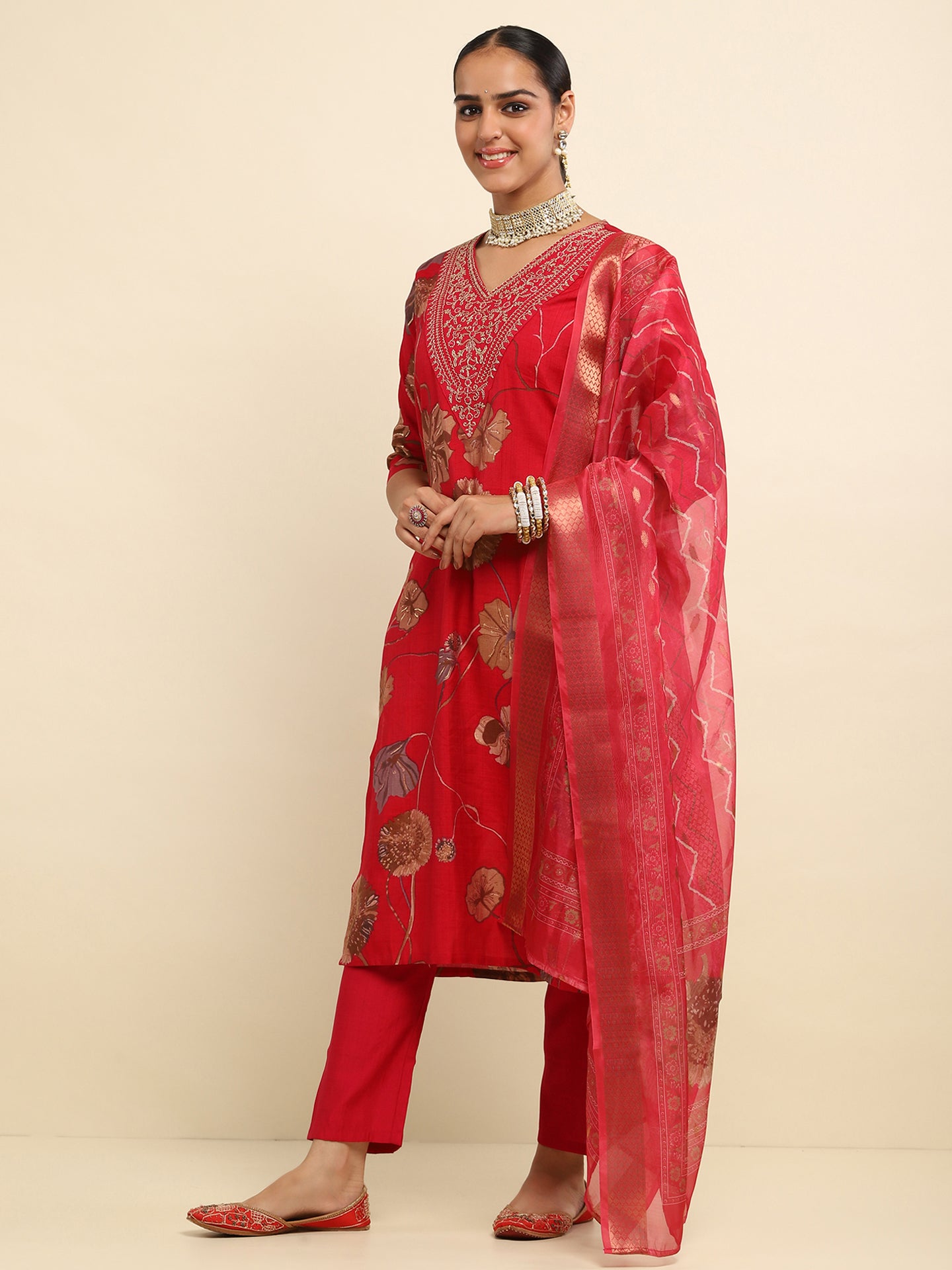 Cotton Embroidered Printed Women's 3 PC Long Kurta Set- Red