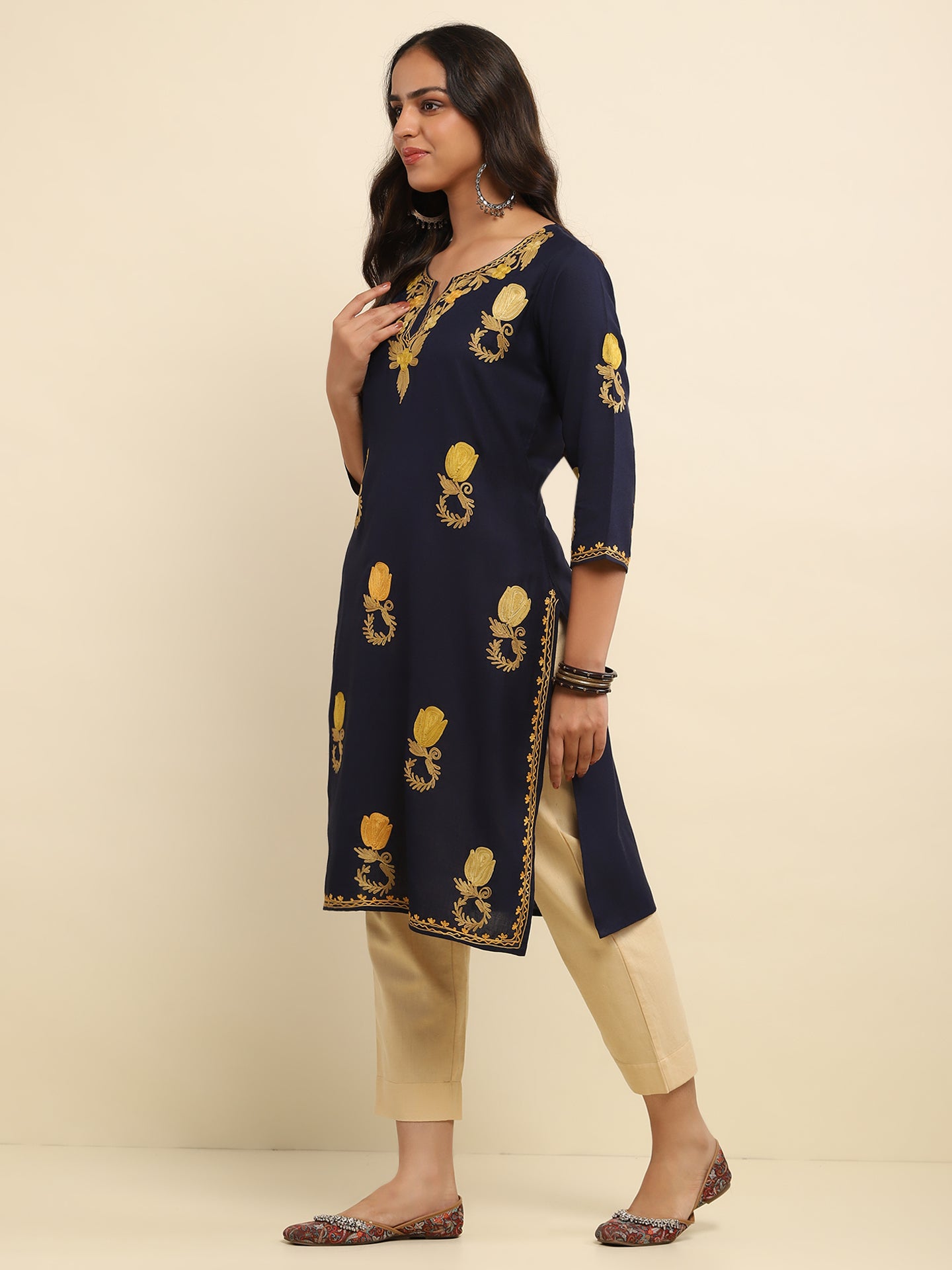 Aari Embroidered Cotton Solid Women's Long Kurta- Navy Blue