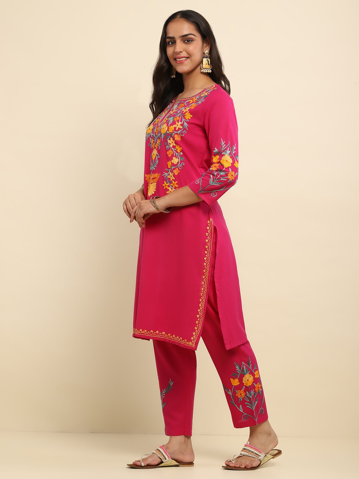 Aari Embroidered Cotton Solid Women's 2 PC Long Kurta Set- Fuchsia