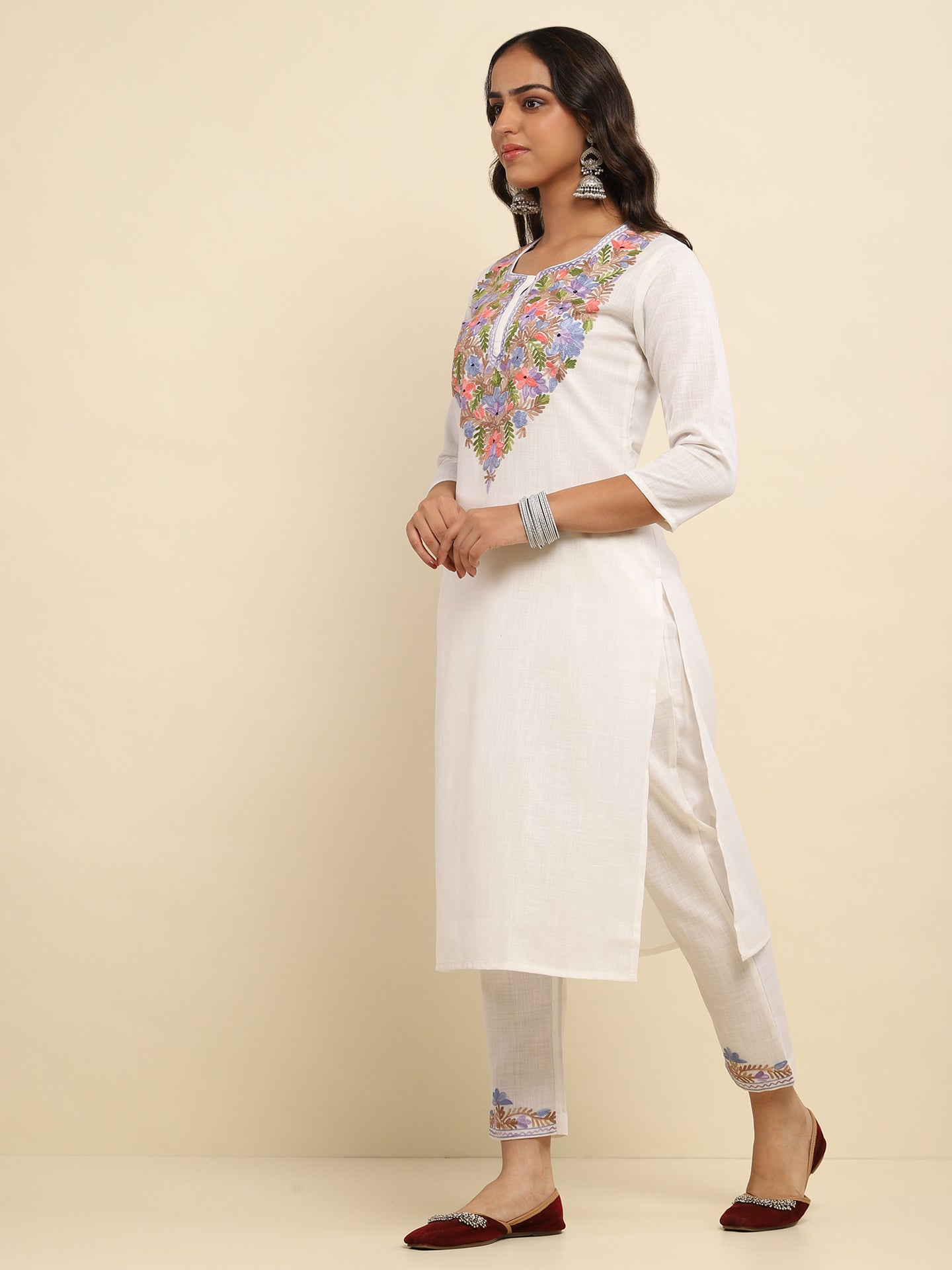 Aari Embroidered Cotton Solid Women's 2 PC Long Kurta Set- White