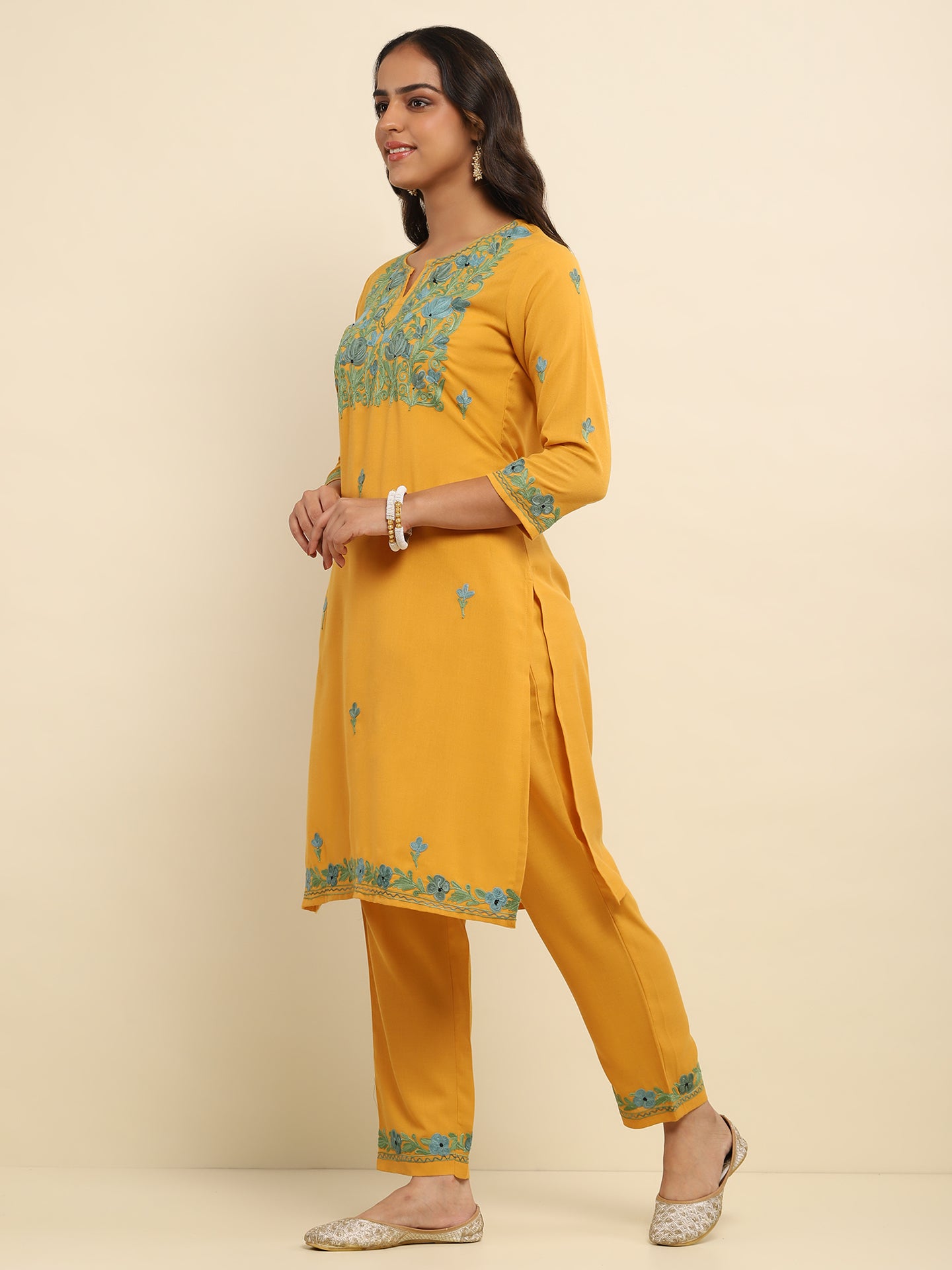 Aari Embroidered Cotton Solid Women's 2 PC Long Kurta Set- Mustard Yellow