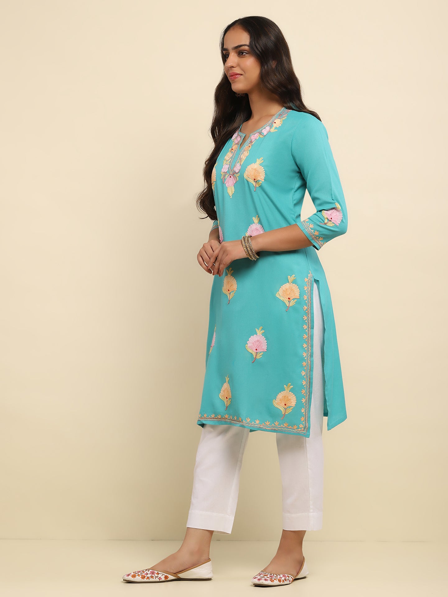 Aari Embroidered Cotton Solid Women's Long Kurta-Turquoise Blue