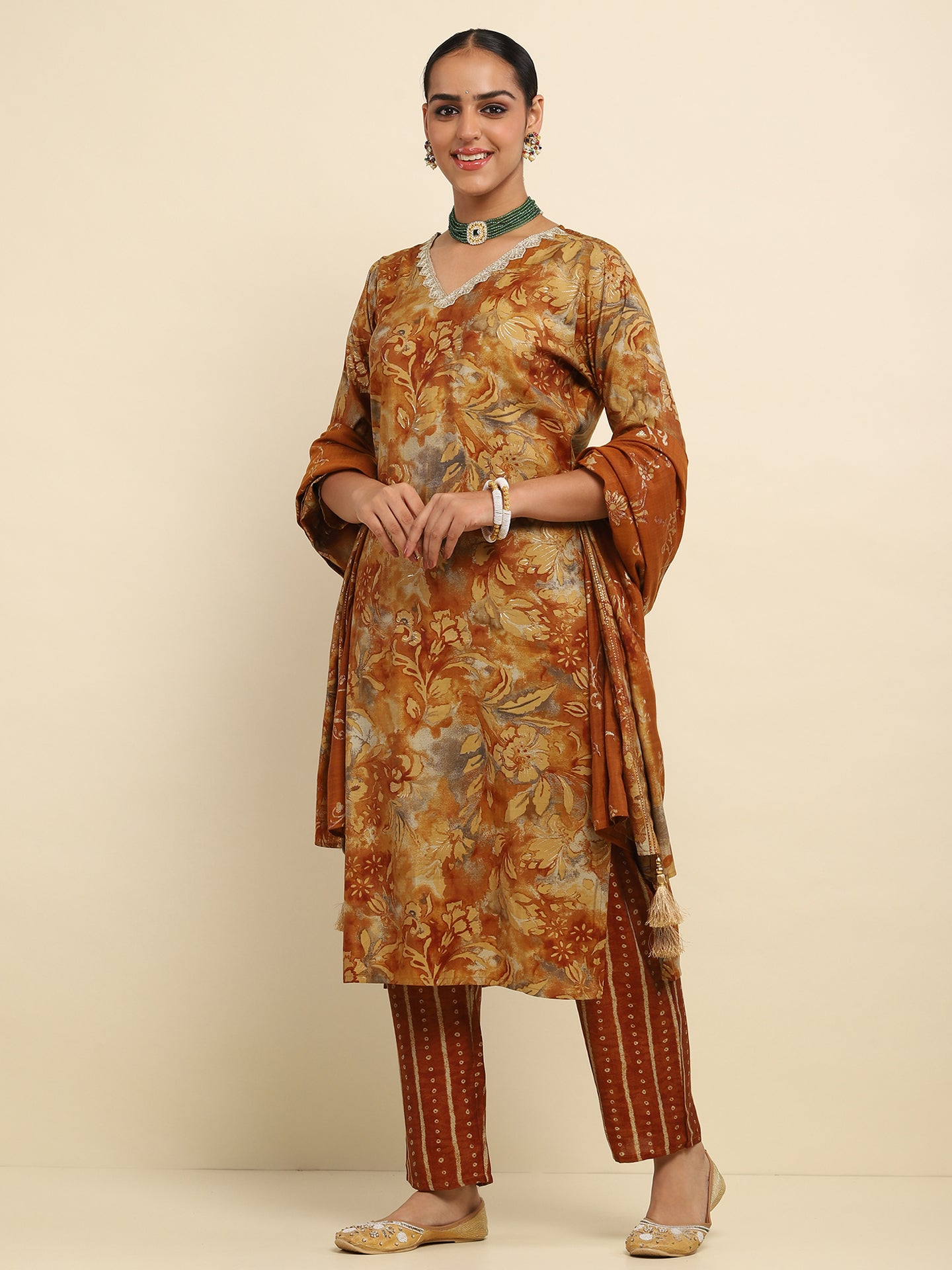 Cotton Embroidered Printed Women's 3 PC Long Kurta Set- Brown