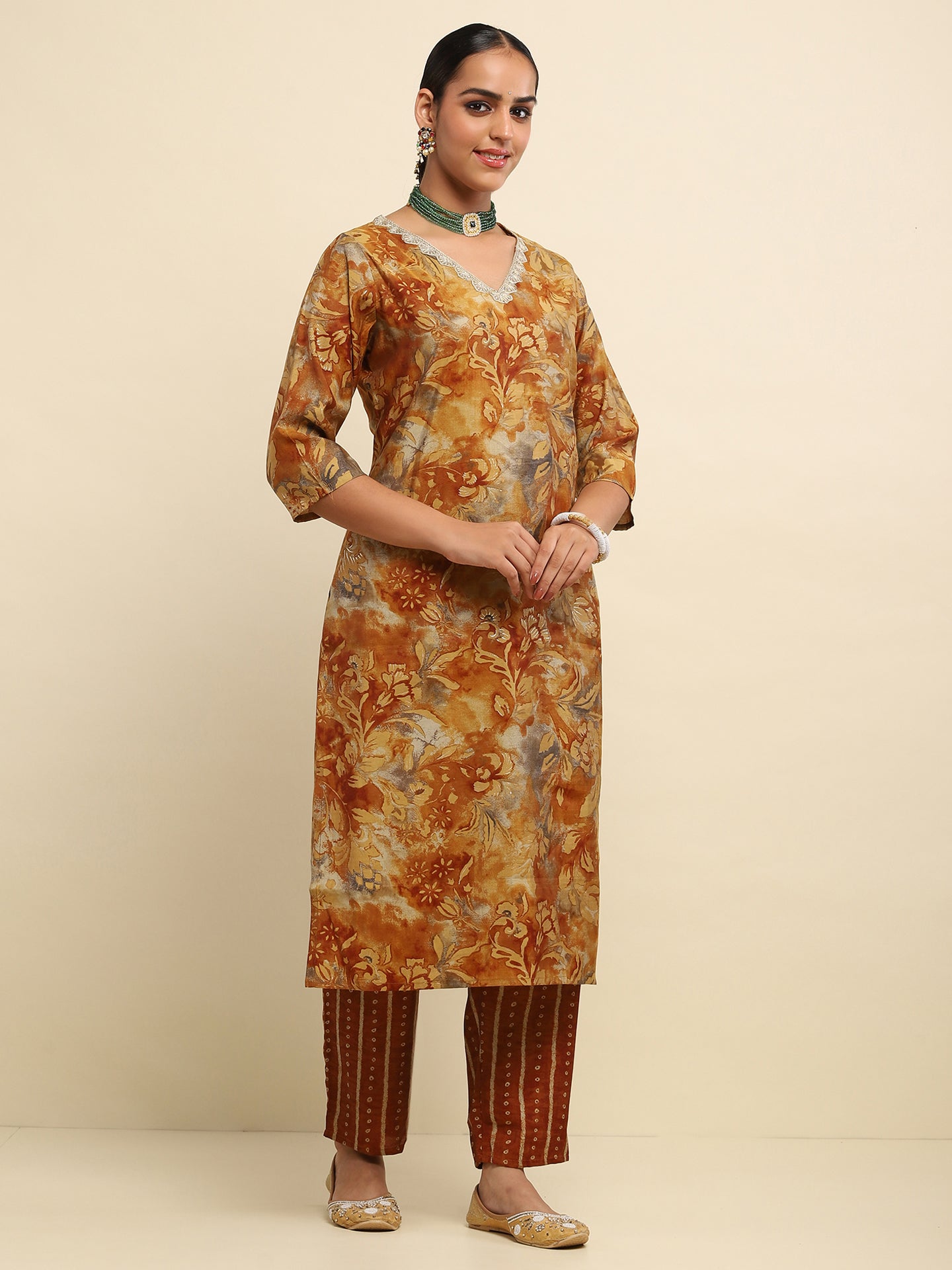 Cotton Embroidered Printed Women's 3 PC Long Kurta Set- Brown