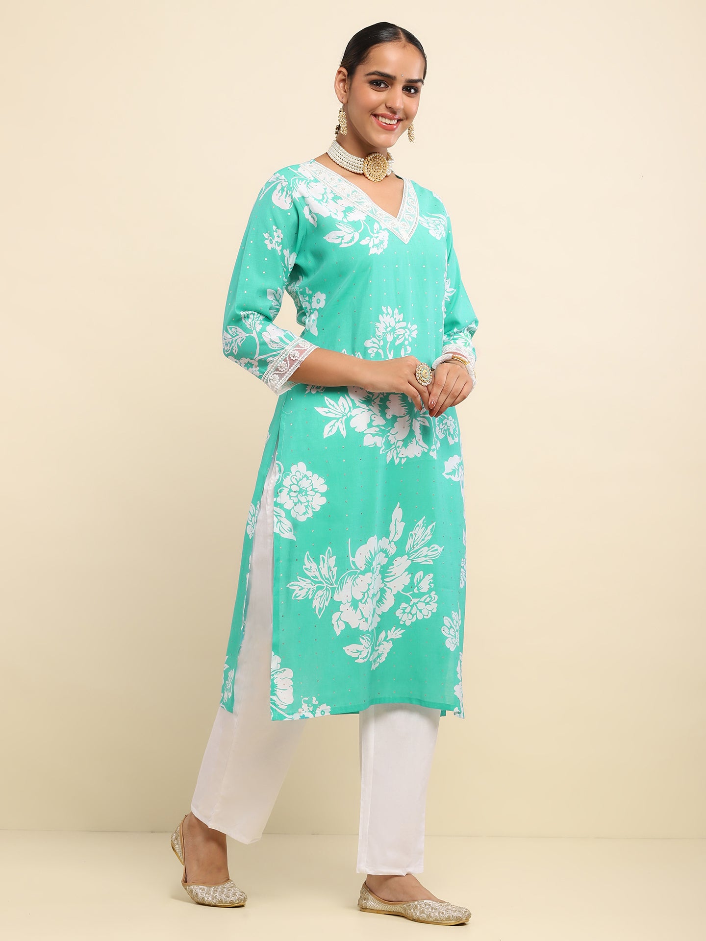 Kashmiri Aari Work Cotton Kurta with Farsi Pant - Bright teal