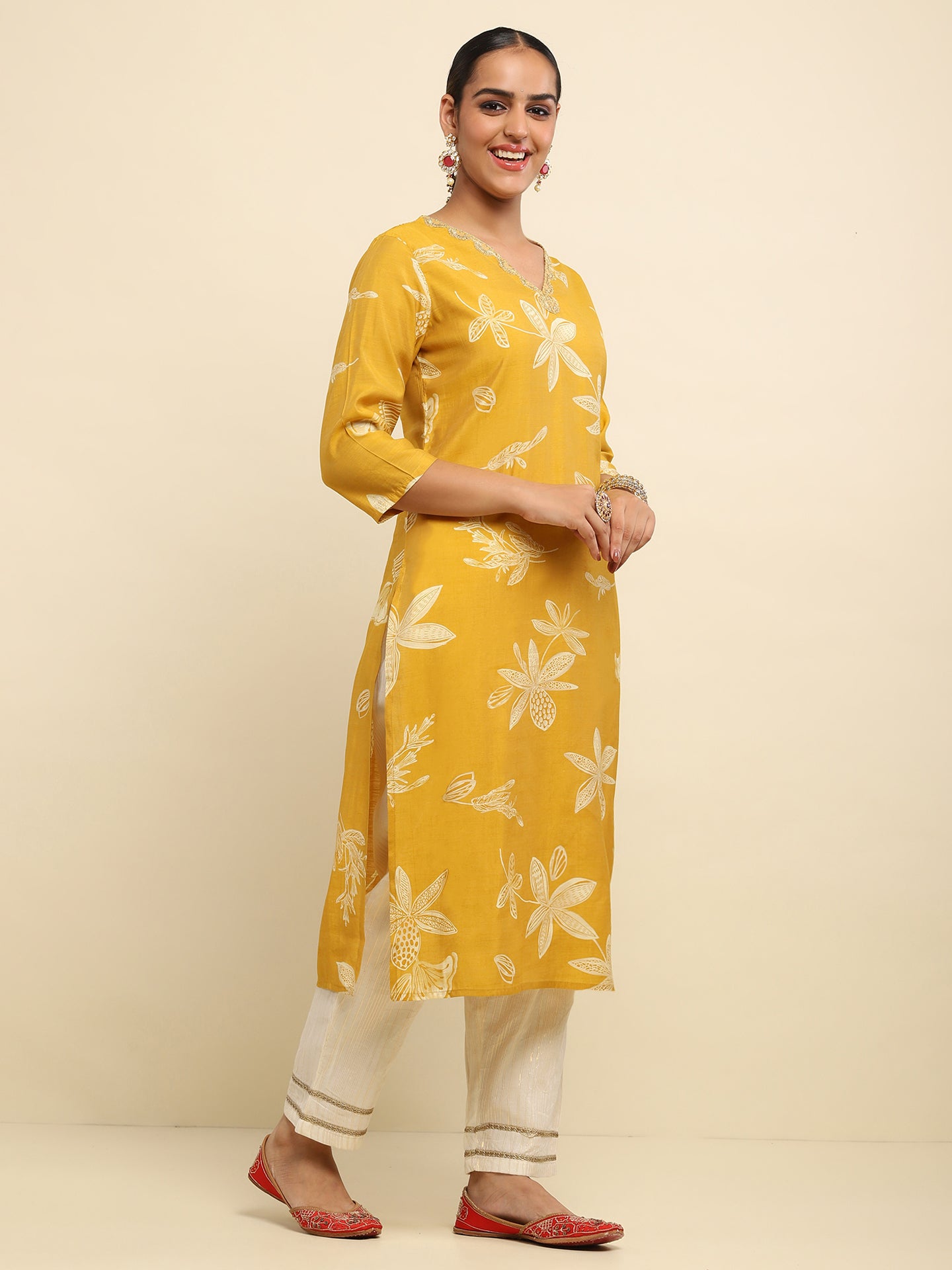 Cotton Embroidered Printed Women's 3 PC Long Kurta Set- Mustard Yellow
