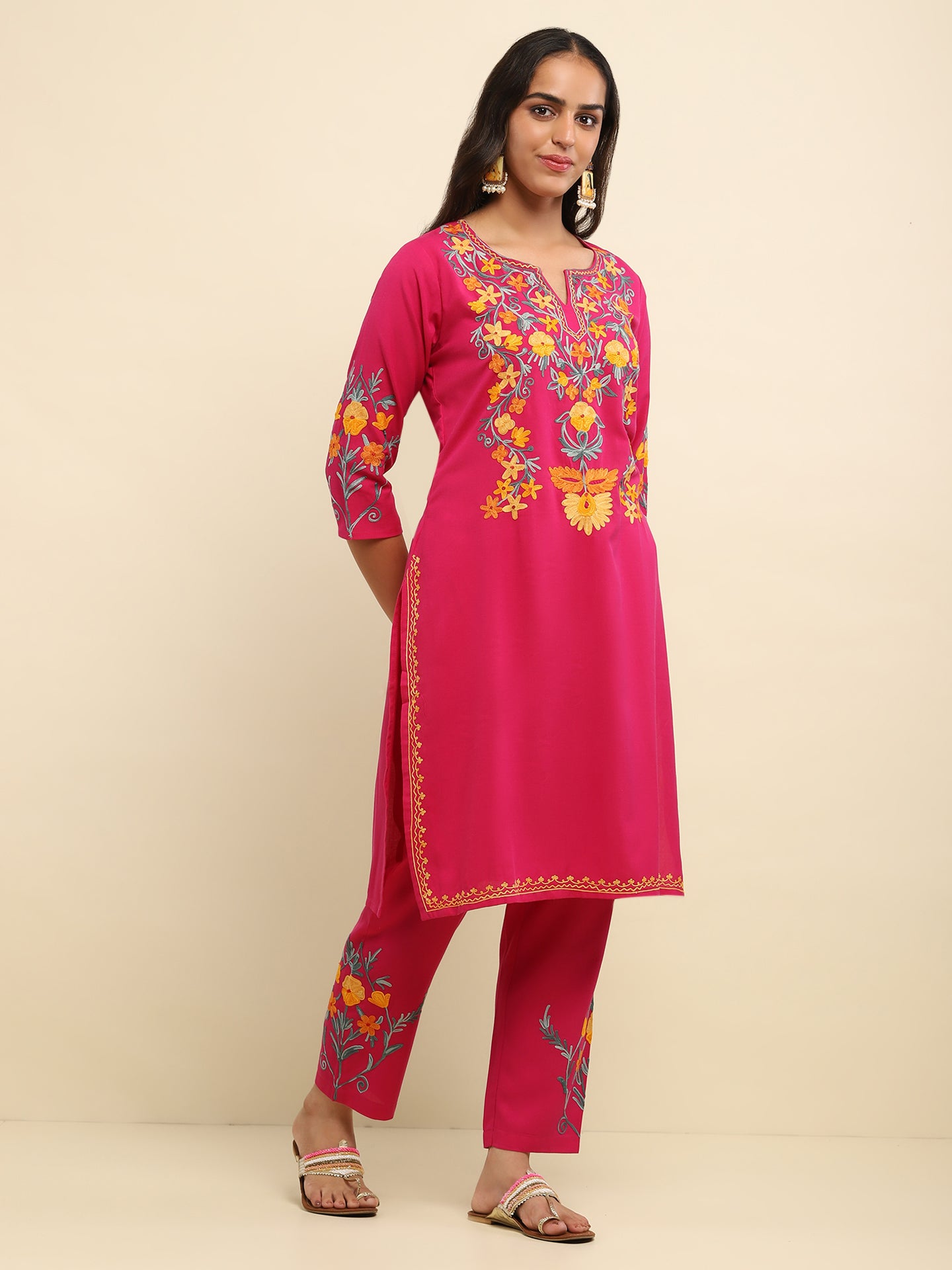 Aari Embroidered Cotton Solid Women's 2 PC Long Kurta Set- Fuchsia