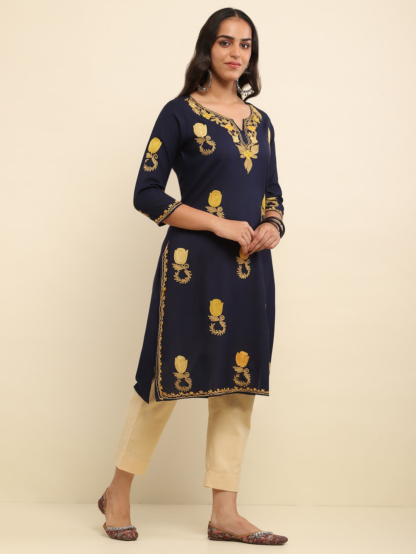 Aari Embroidered Cotton Solid Women's Long Kurta- Navy Blue
