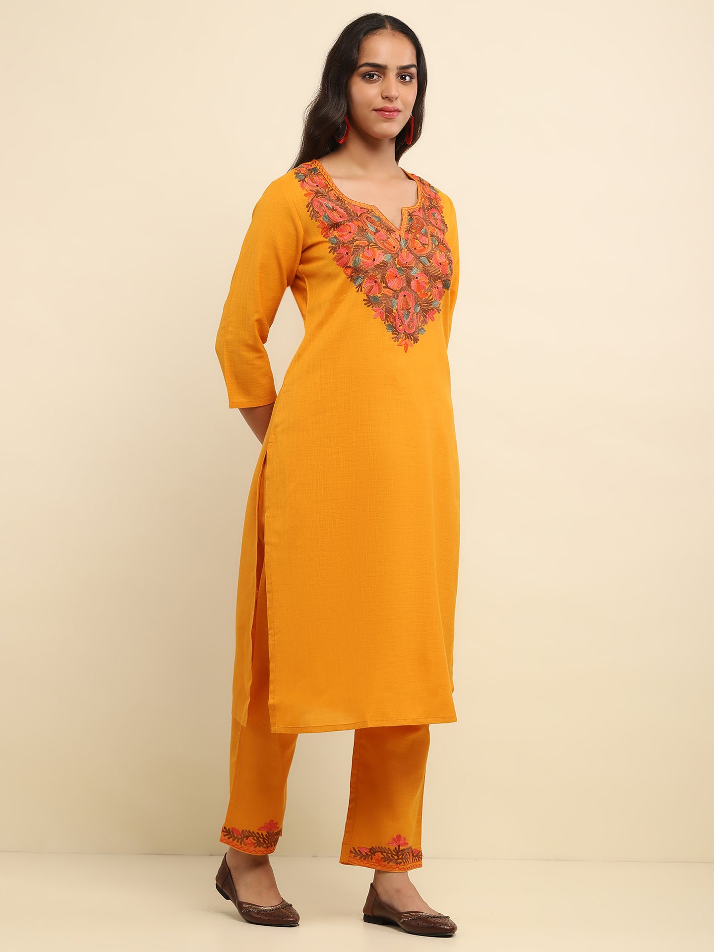 Aari Embroidered Cotton Solid Women's 2 PC Long Kurta Set- Mustard Yellow
