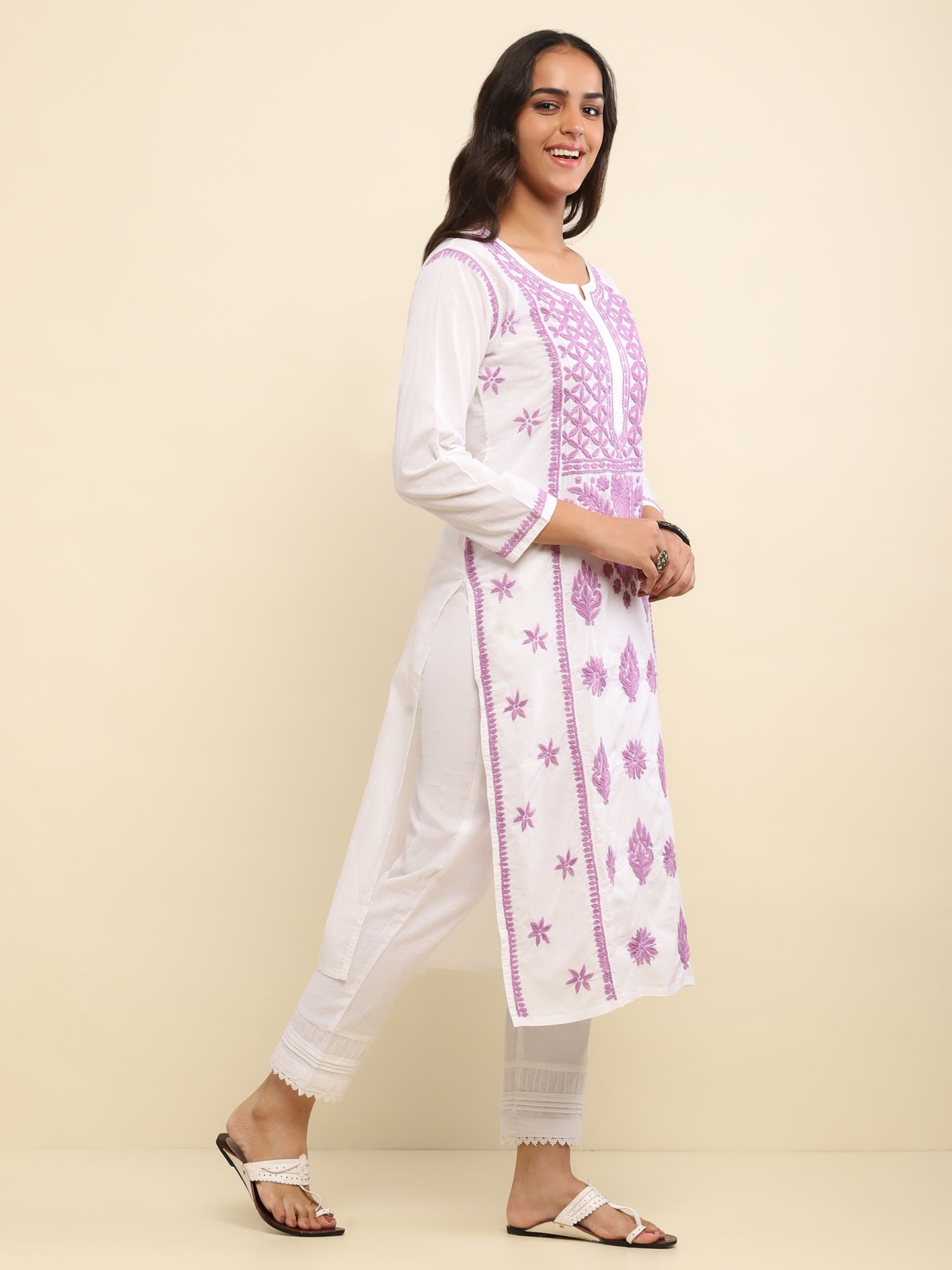 Cotton Chikankari Solid Women's Long Kurta- White