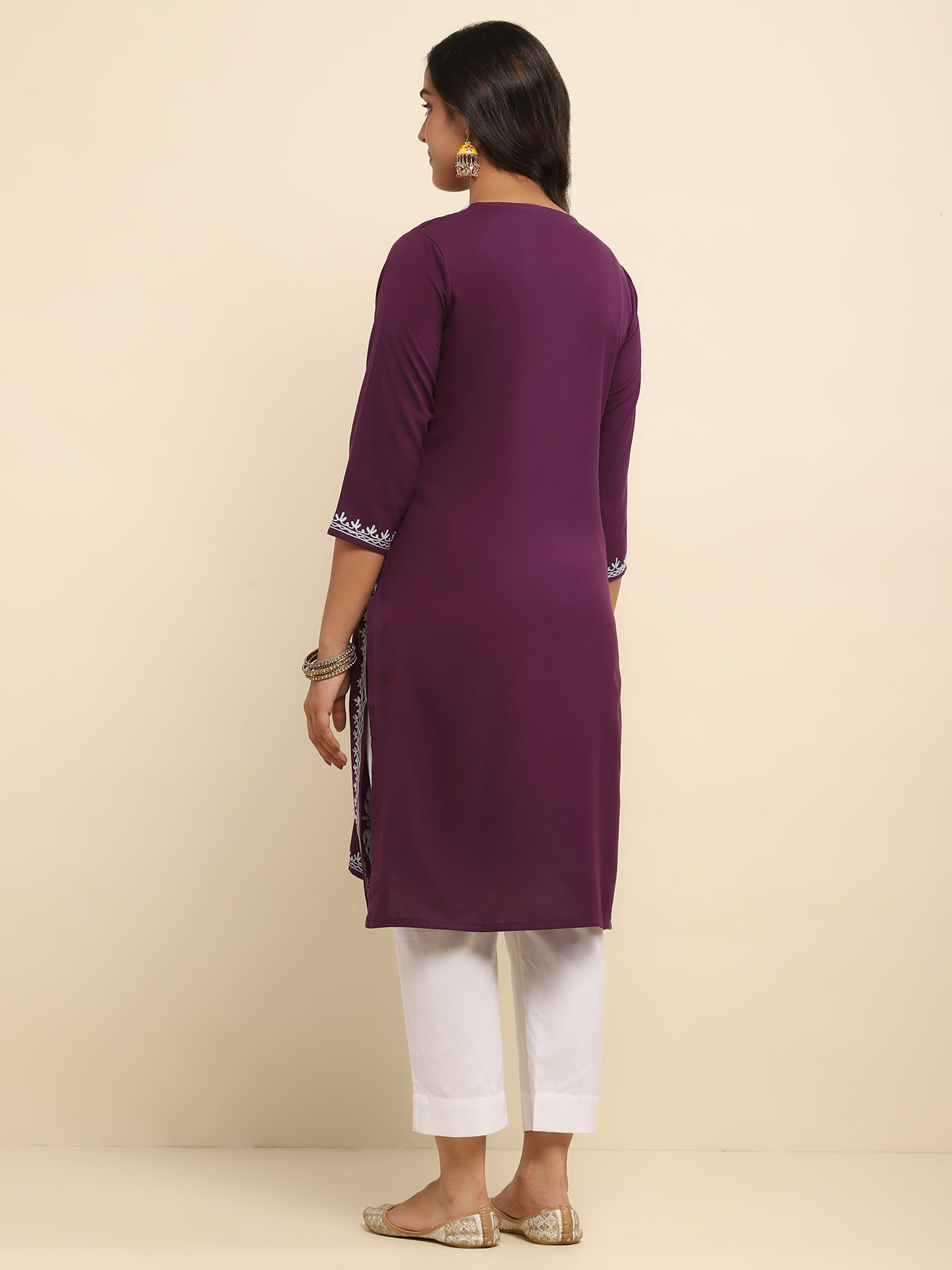 Aari Embroidered Cotton Solid Women's Long Kurta- Purple