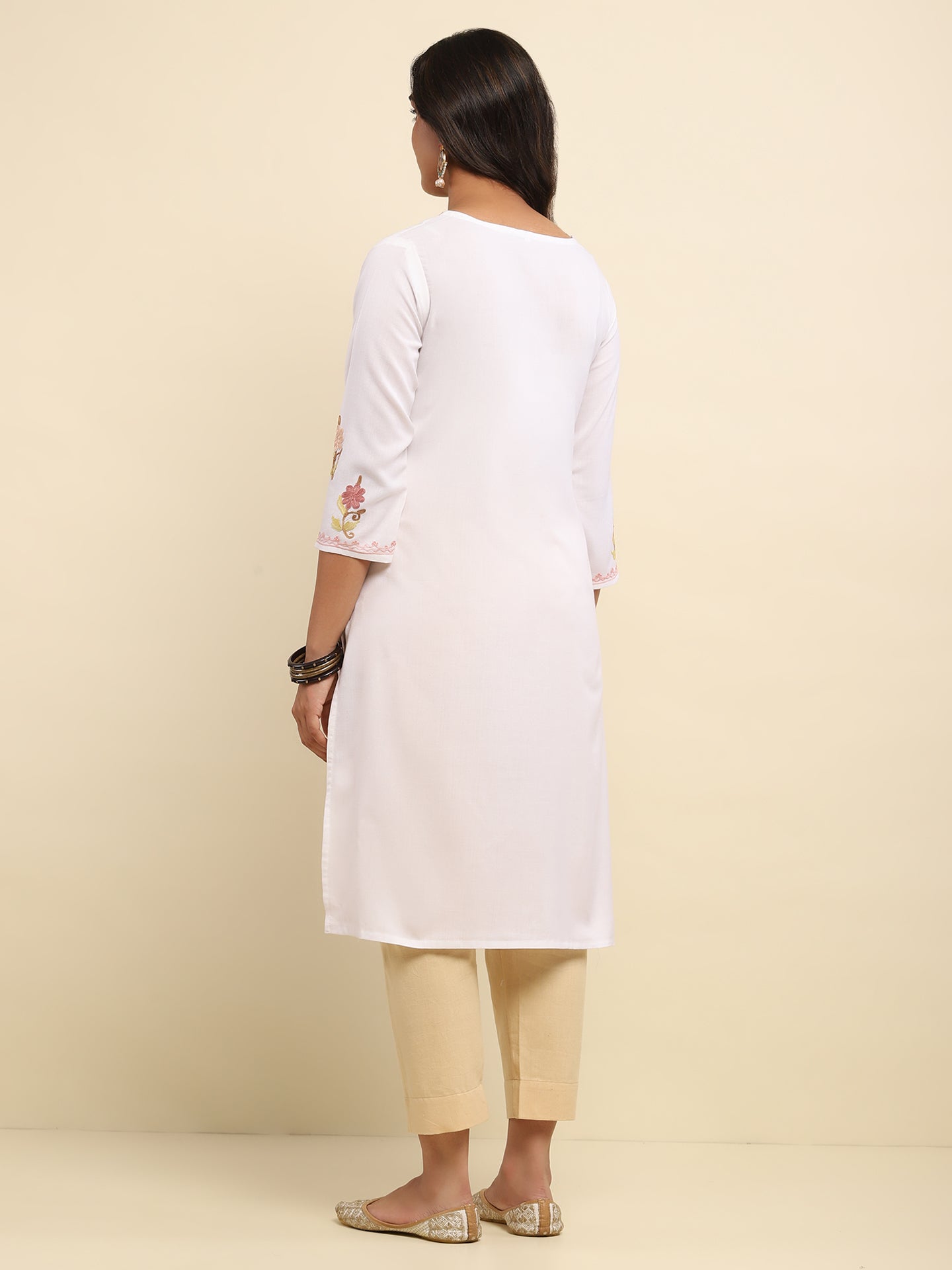 Aari Embroidered Cotton Solid Women's Long Kurta- White