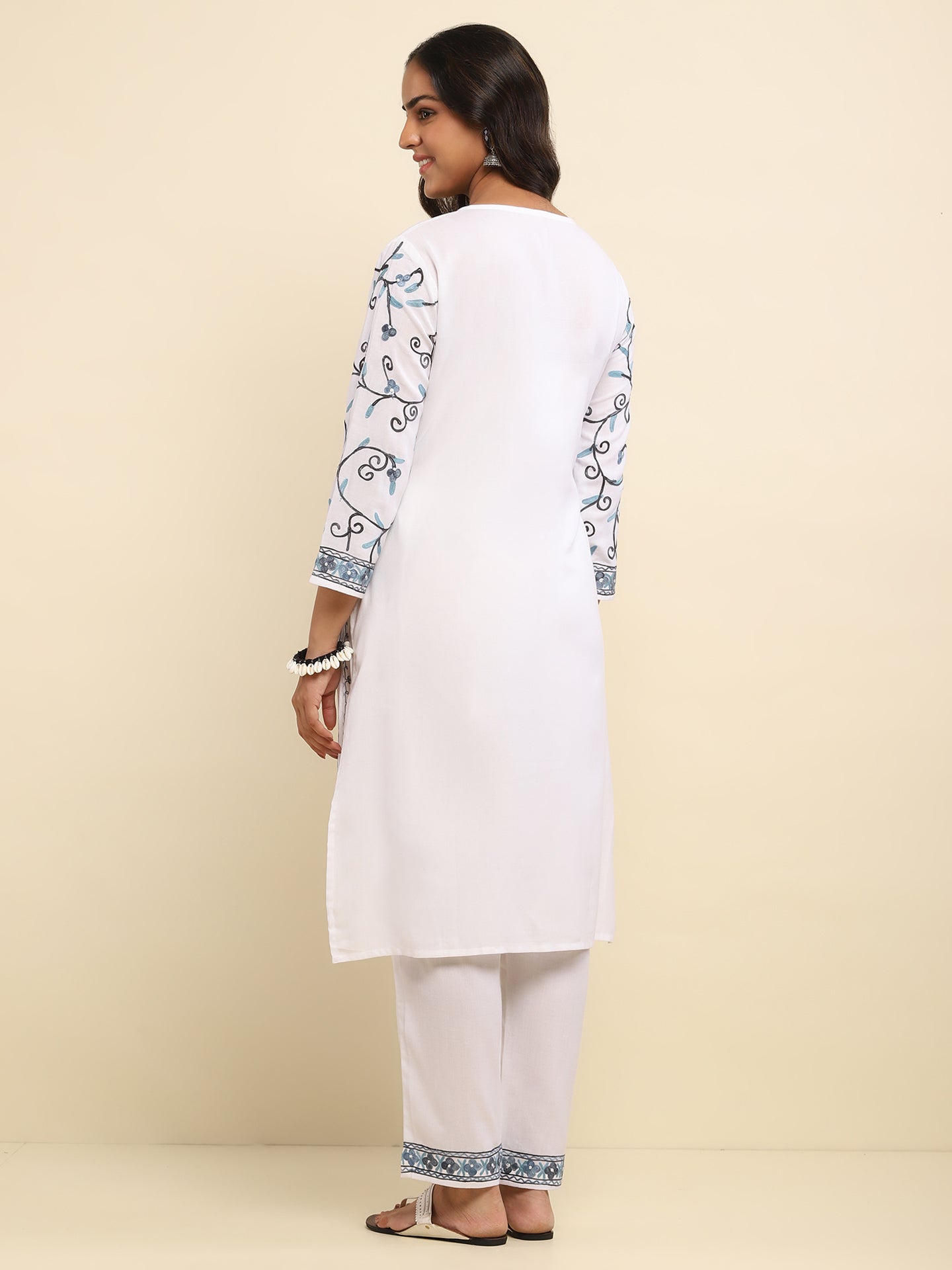 Aari Embroidered Cotton Solid Women's 2 PC Long Kurta Set- White