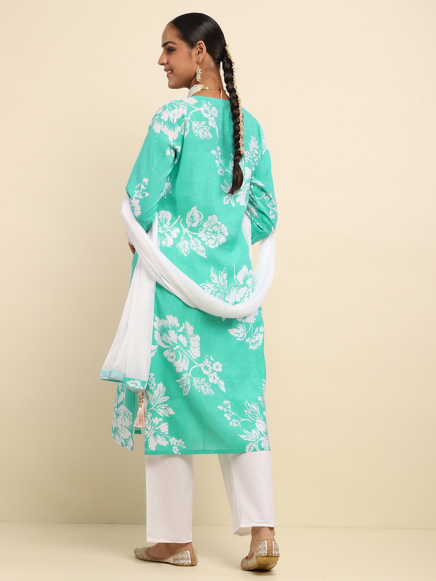 Kashmiri Aari Work Cotton Kurta with Farsi Pant - Bright teal