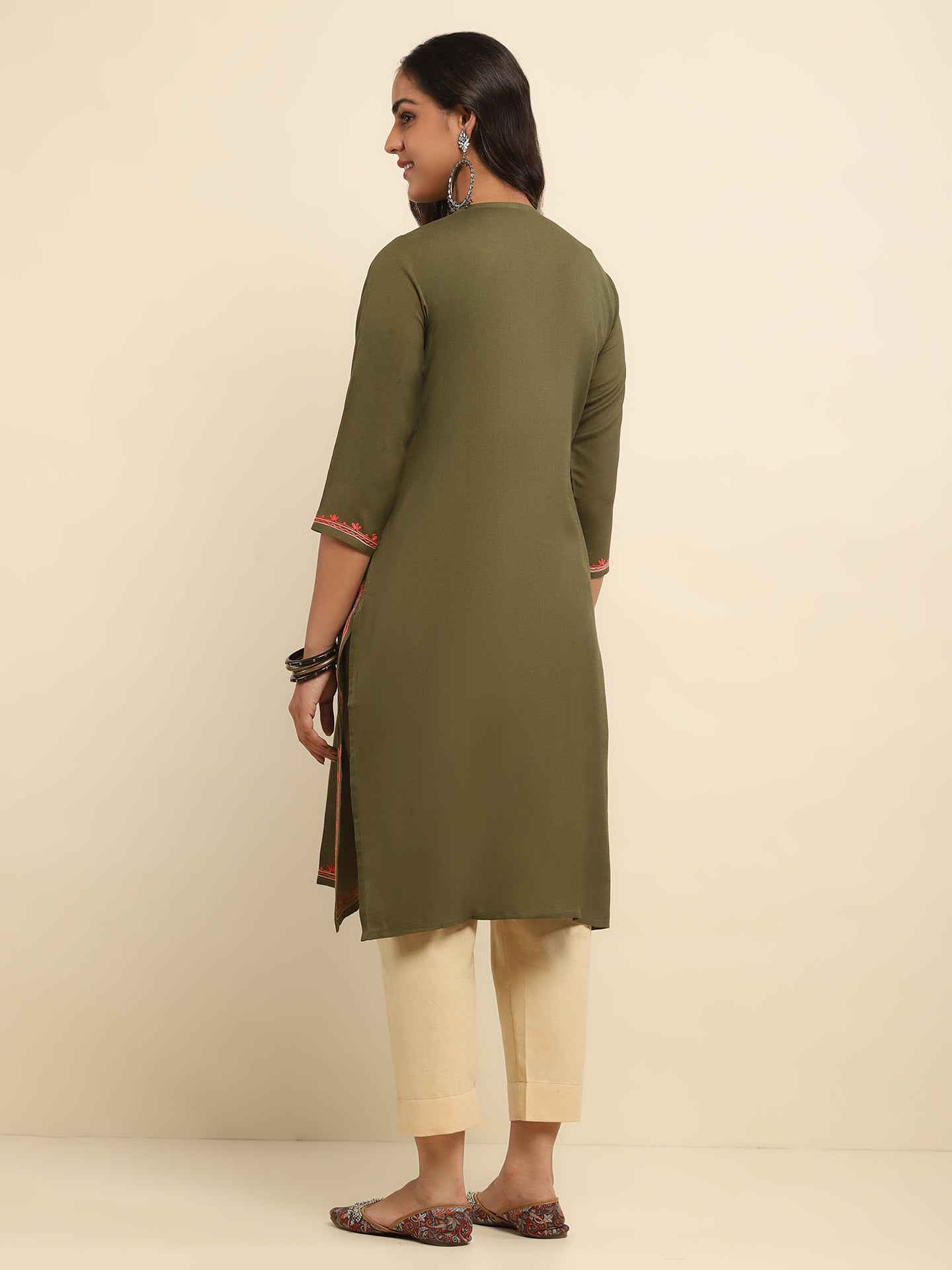 Aari Embroidered Cotton Solid Women's Long Kurta- Olive Green