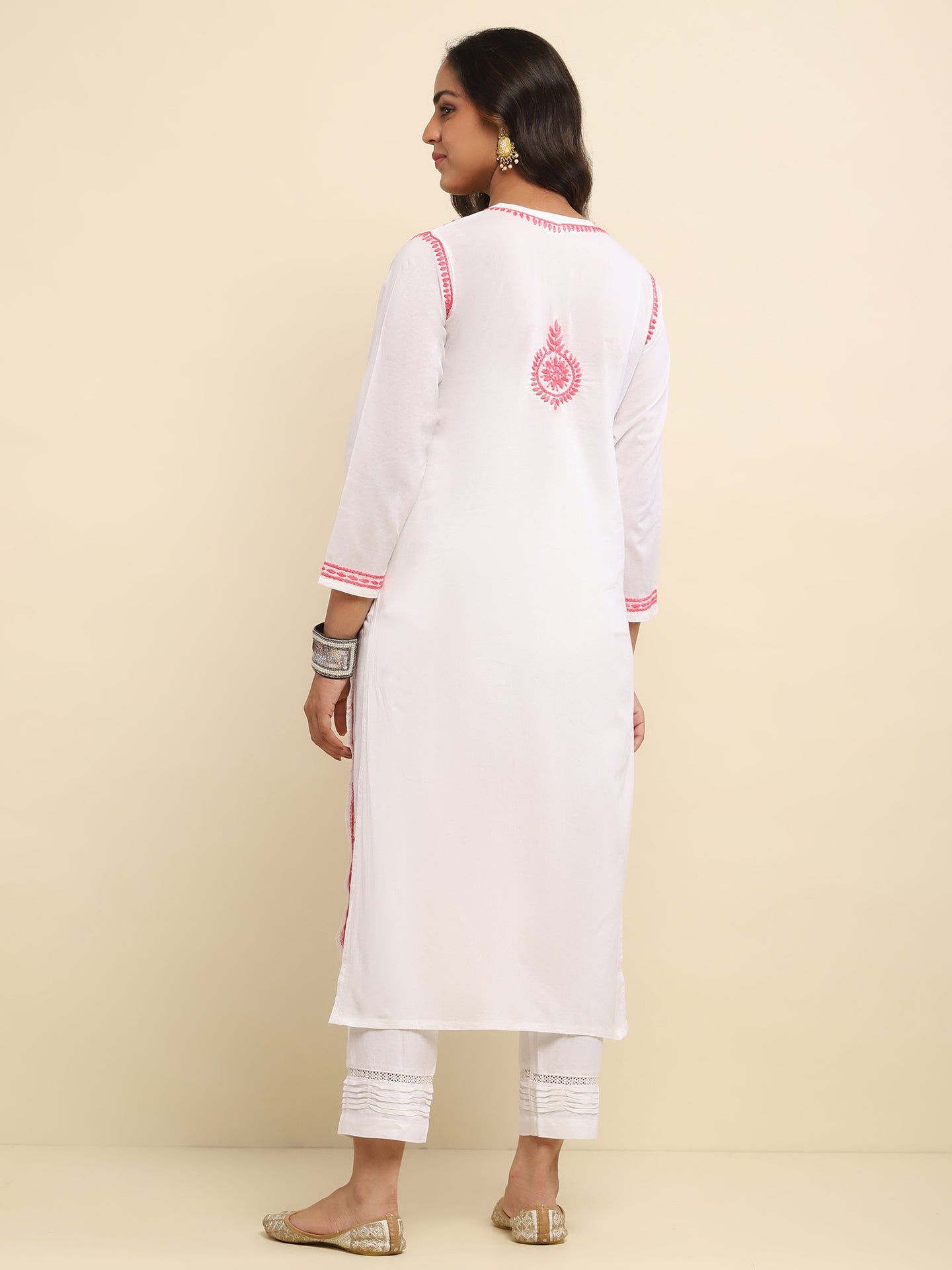 Cotton Chikankari Solid Women's Long Kurta- White