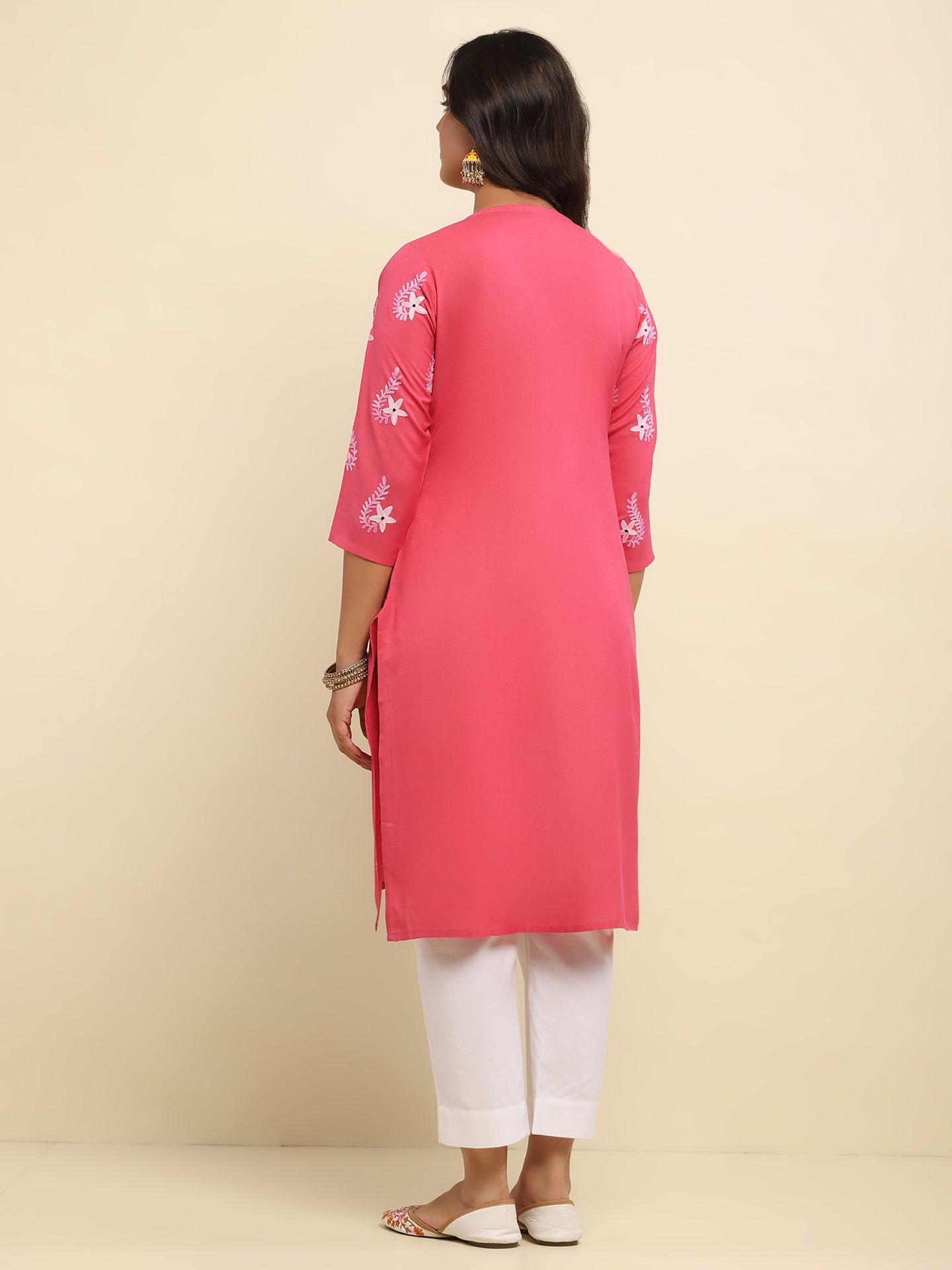 Aari Embroidered Cotton Solid Women's Long Kurta Kurta- Dark Pink