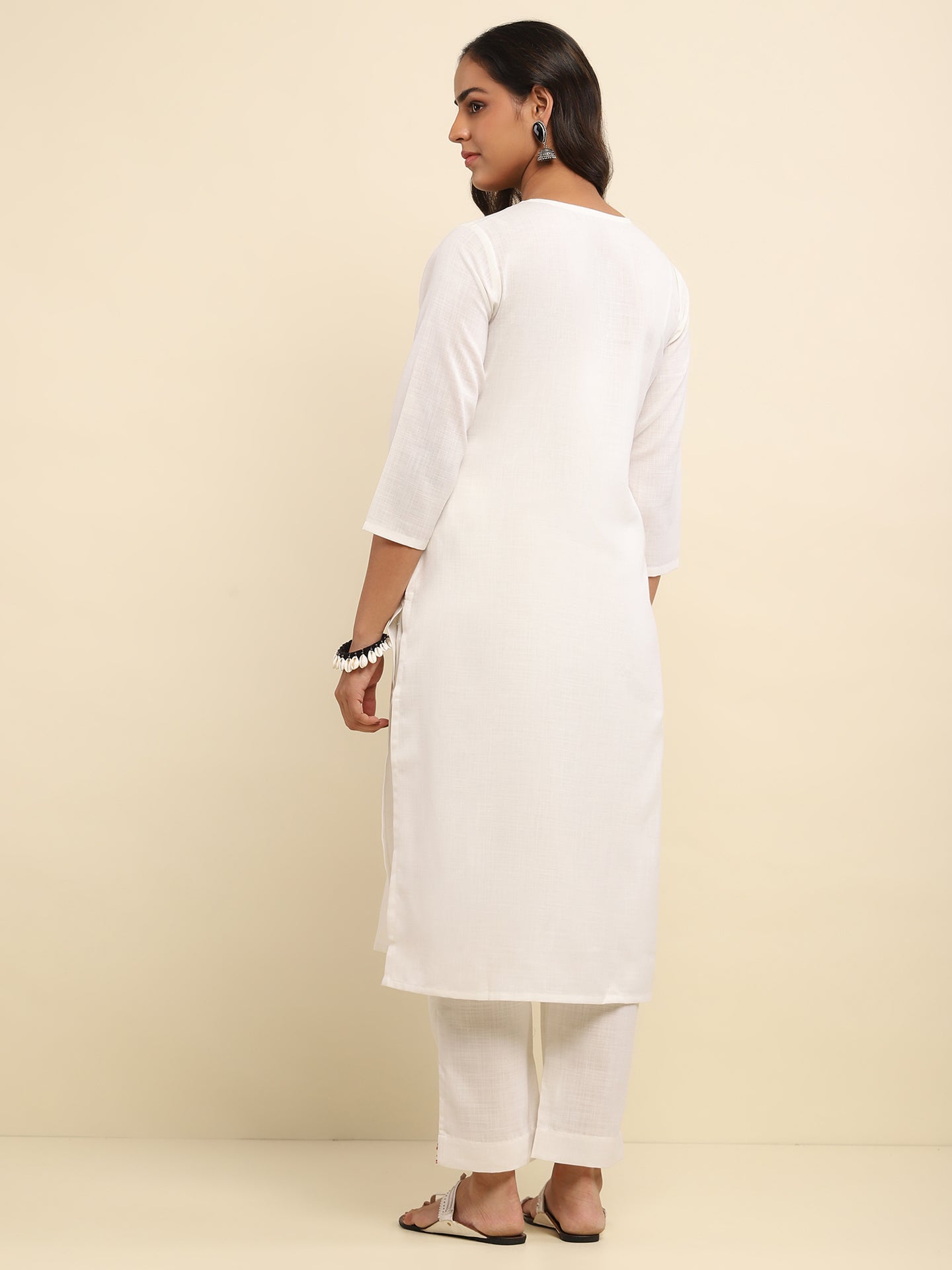 Aari Embroidered Cotton Solid Women's 2 PC Long Kurta Set- White