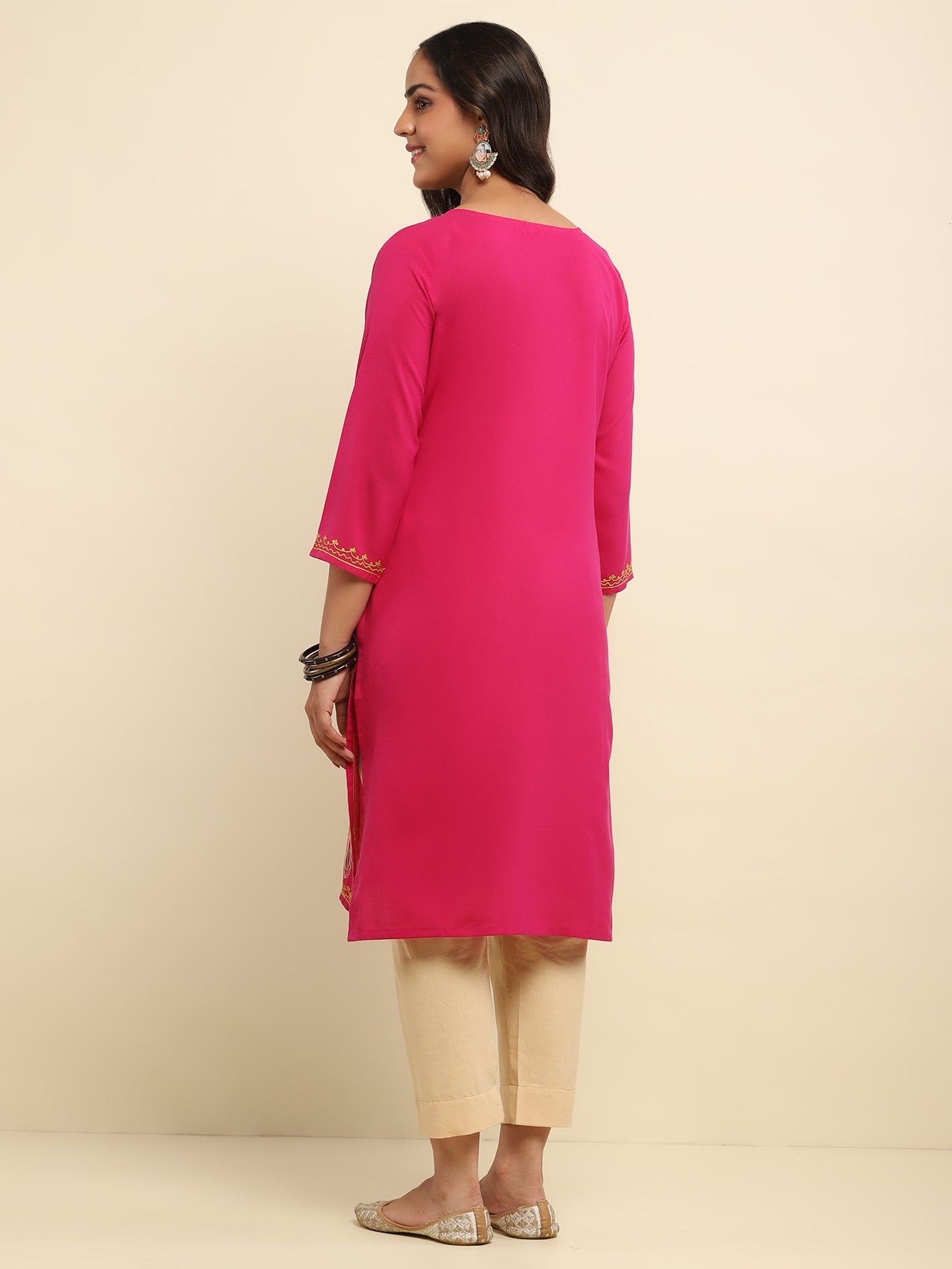Aari Embroidered Cotton Solid Women's Long Kurta- Fuchsia Pink