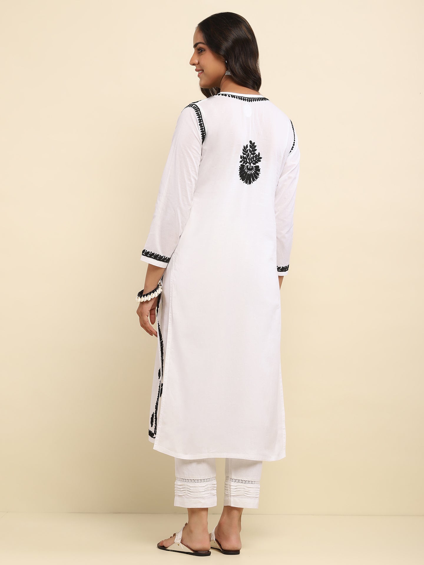 Cotton Chikankari Solid Women's Long Kurta- White