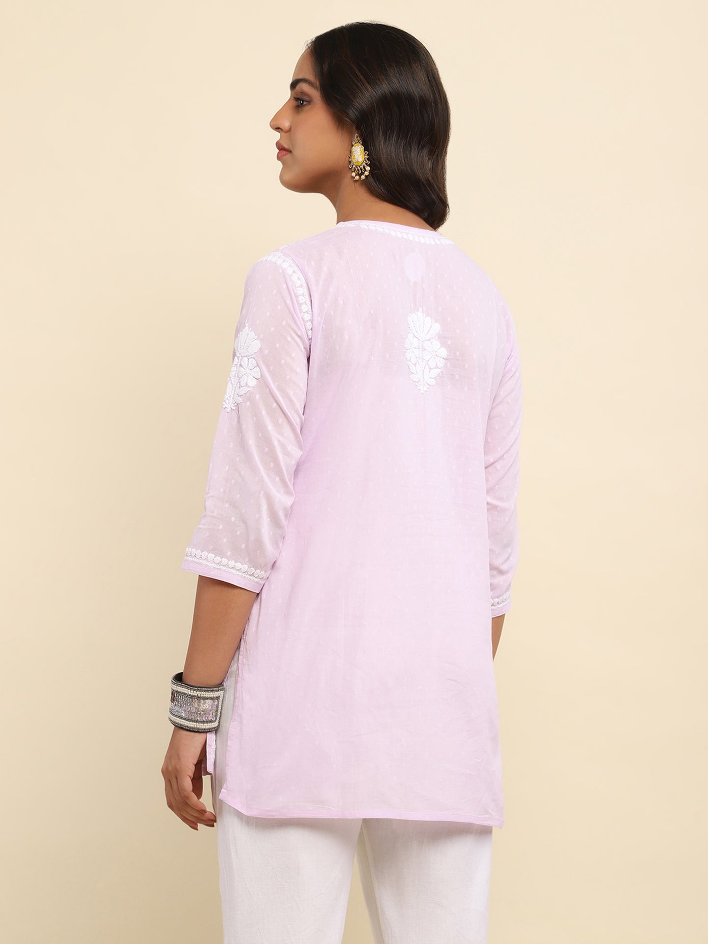 Cotton Chikankari Solid Women's Short Kurta- Lavender