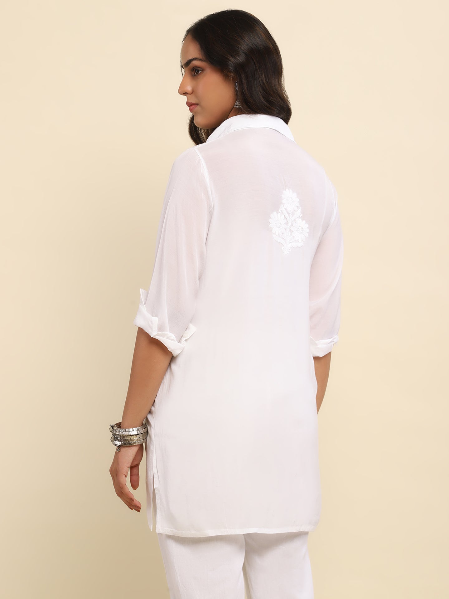 Muslin Chikankari Solid Women's Shirt- White