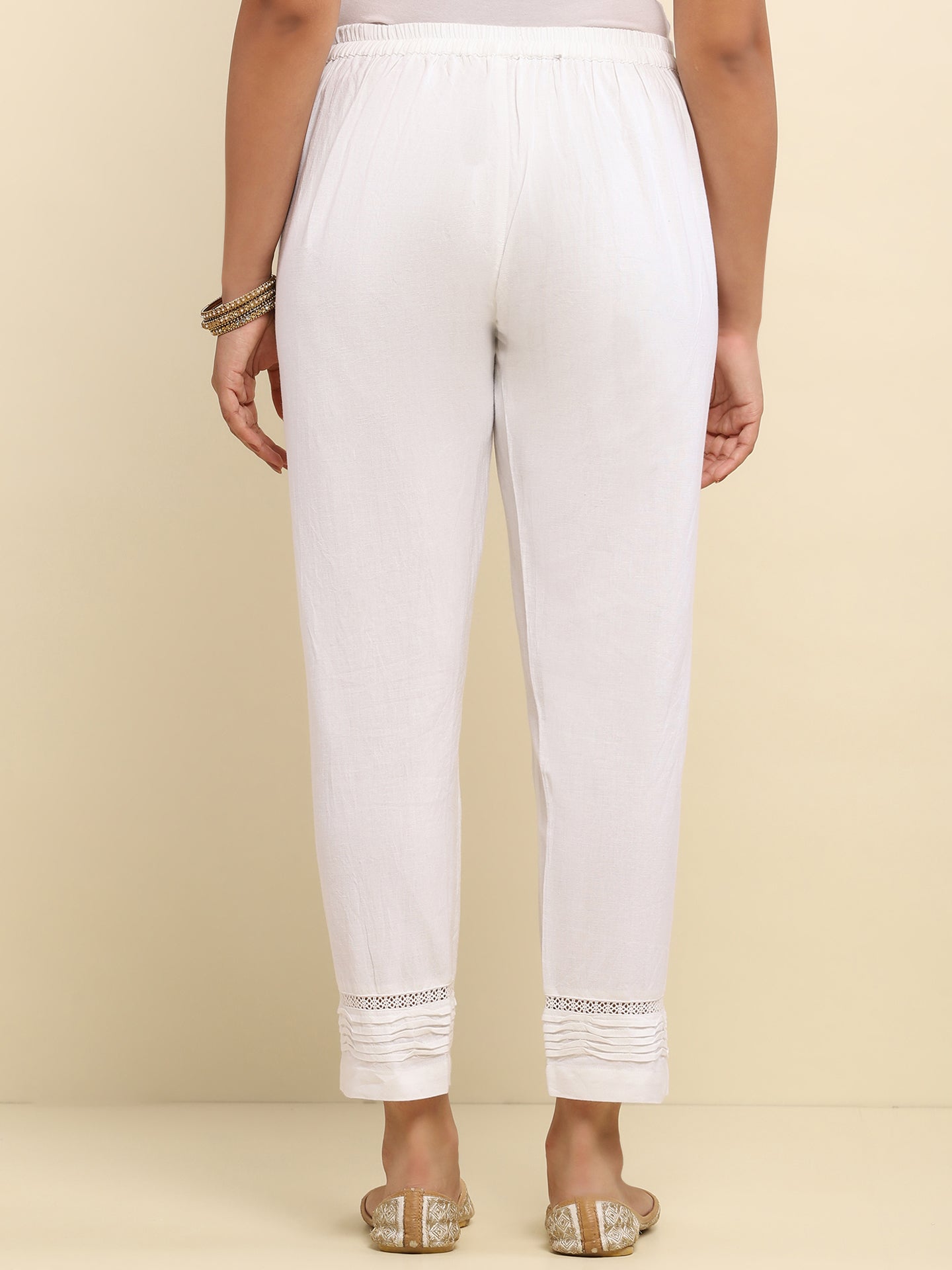 Cotton Satna Pintex Solid Women's Pant With Lace-White