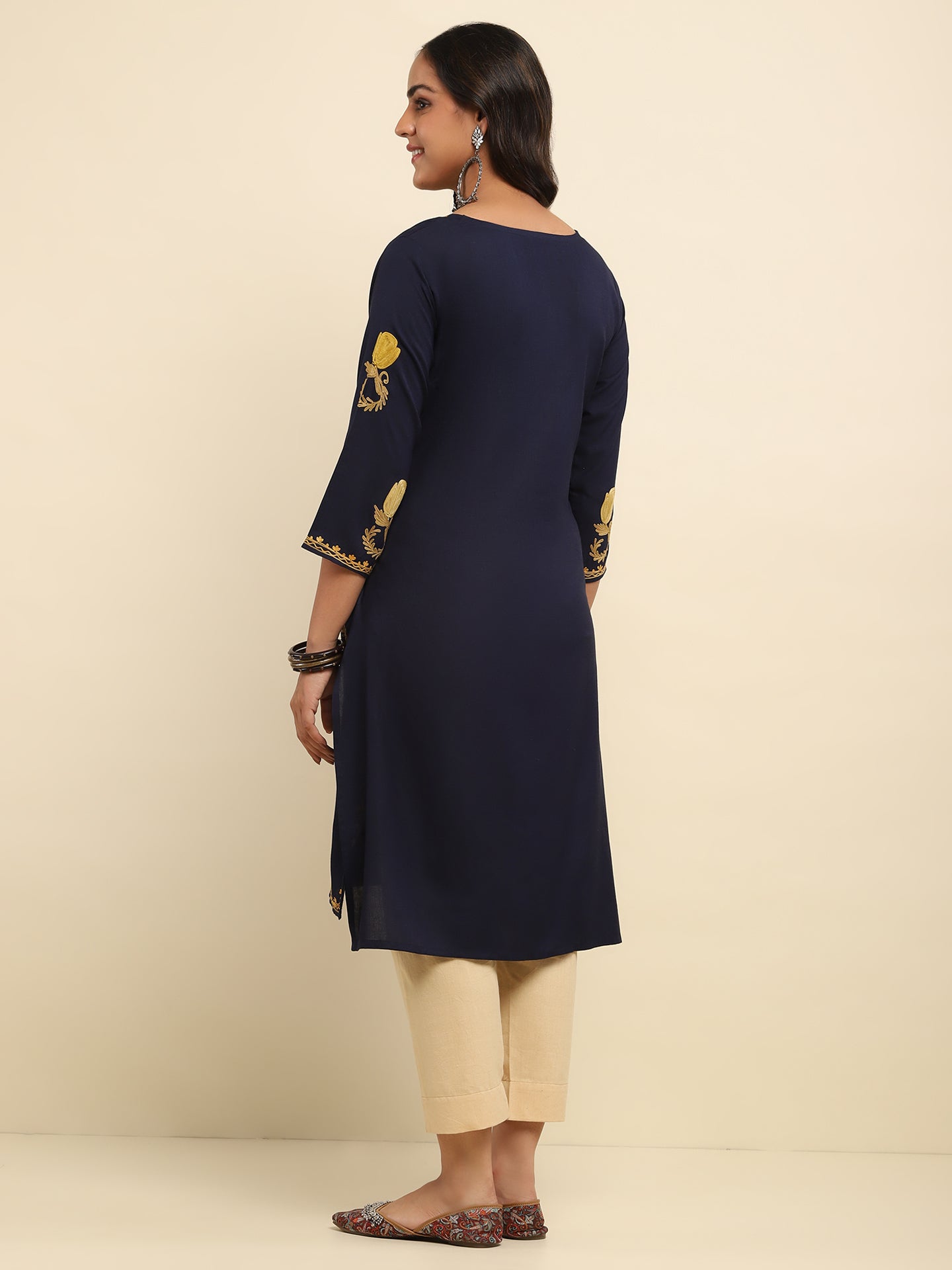Aari Embroidered Cotton Solid Women's Long Kurta- Navy Blue