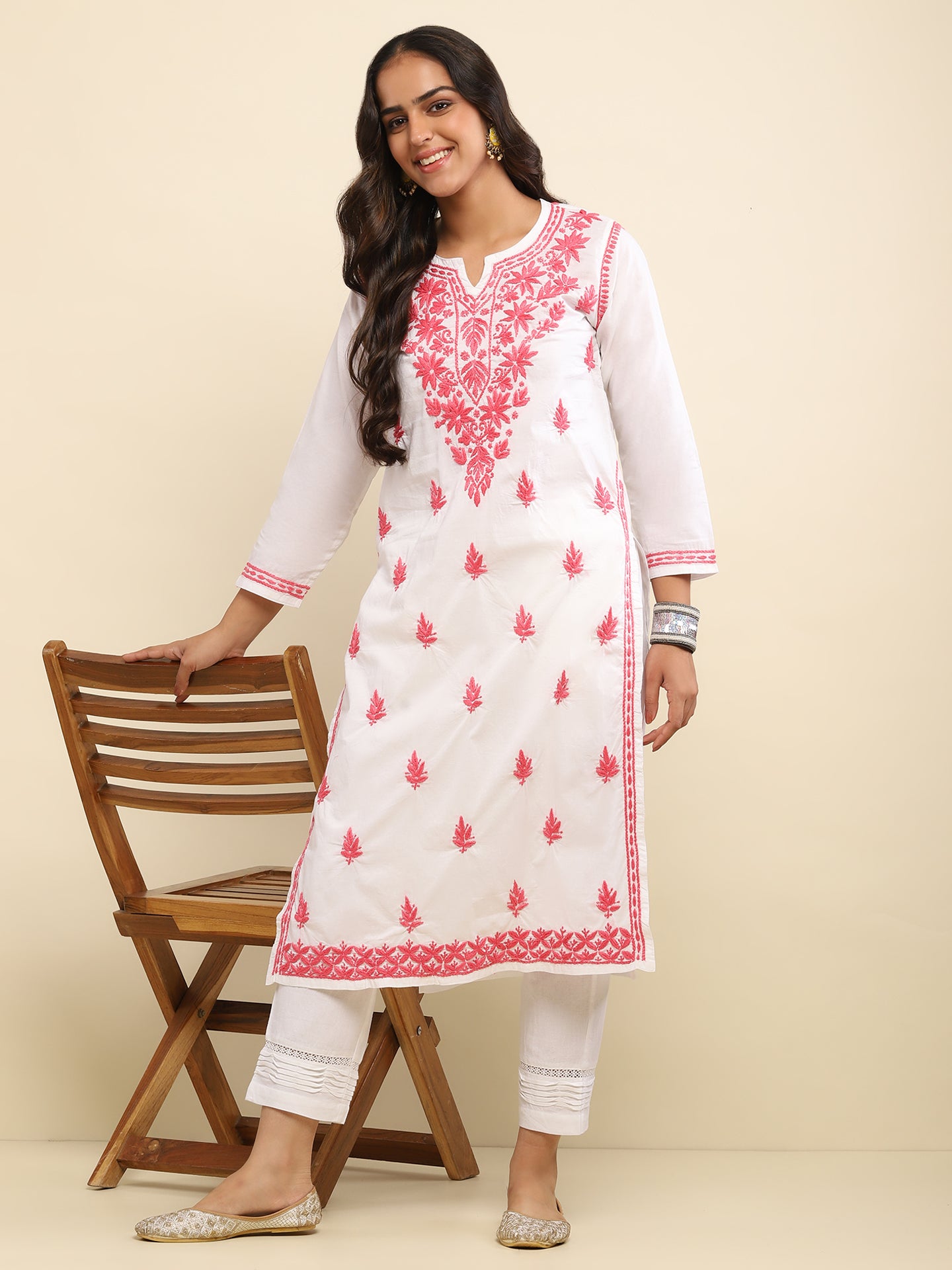 Cotton Chikankari Solid Women's Long Kurta- White