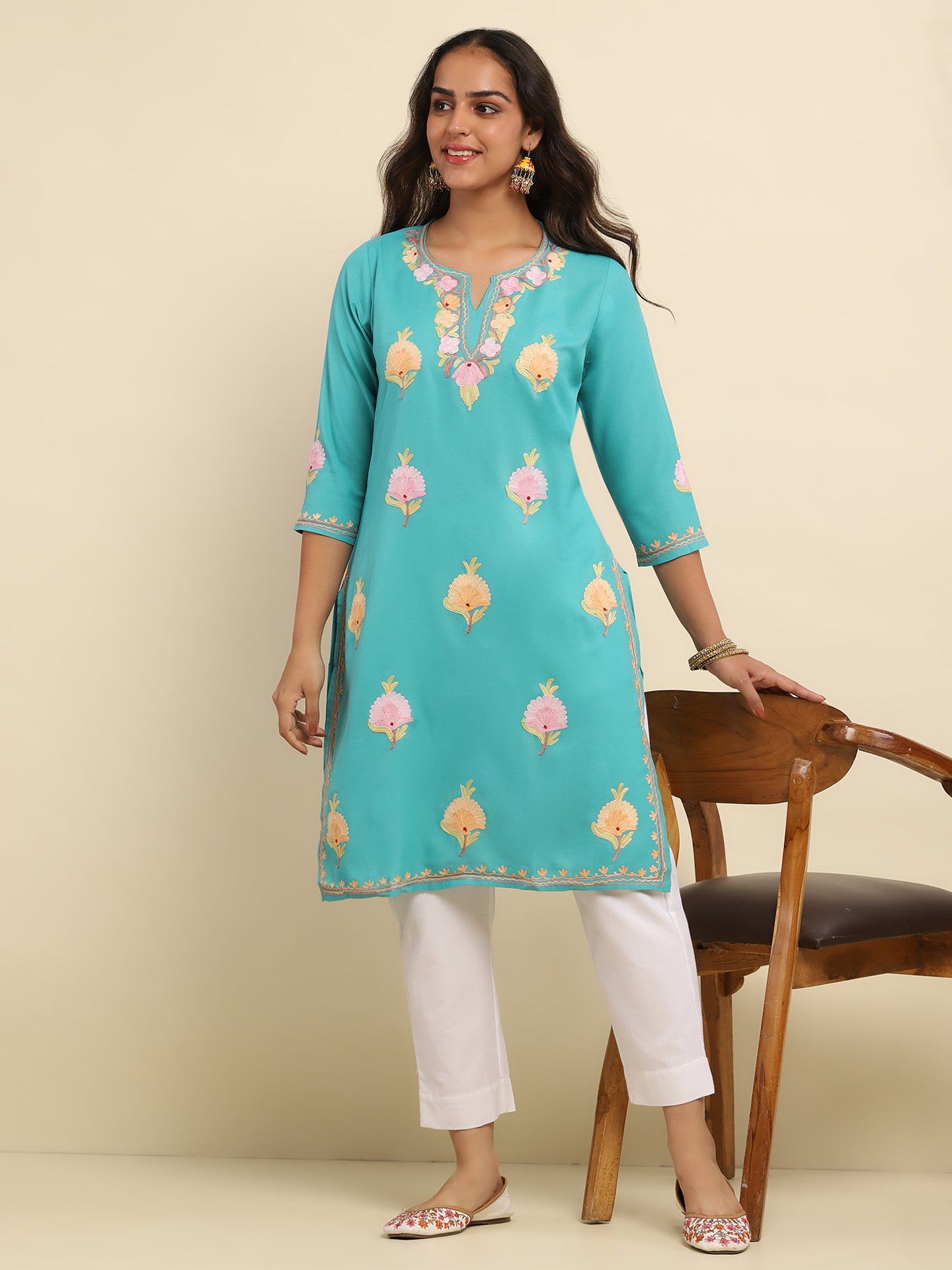 Aari Embroidered Cotton Solid Women's Long Kurta-Turquoise Blue