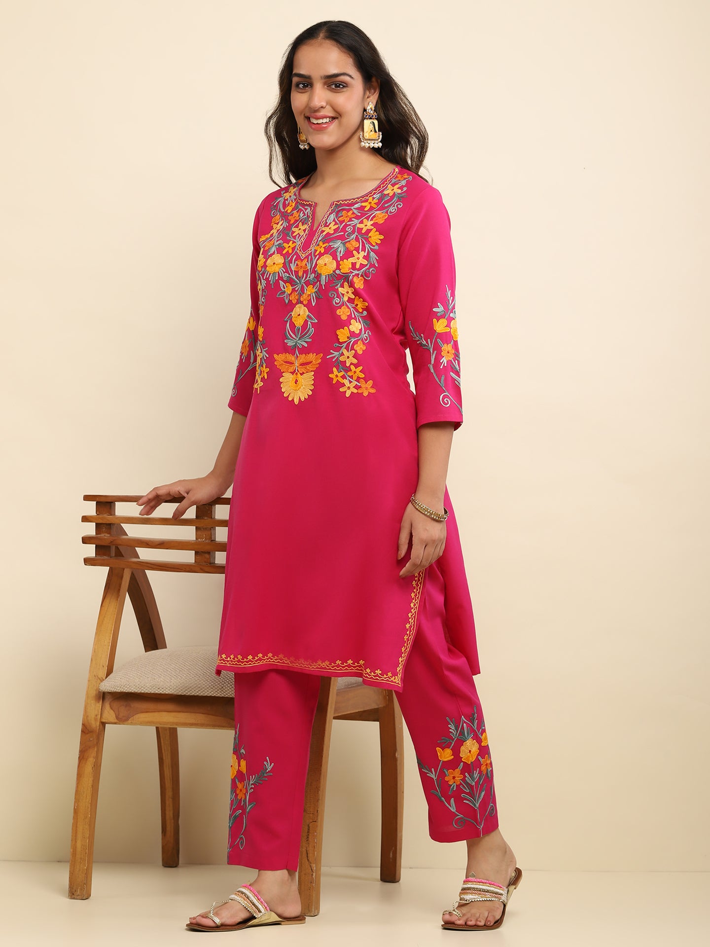 Aari Embroidered Cotton Solid Women's 2 PC Long Kurta Set- Fuchsia