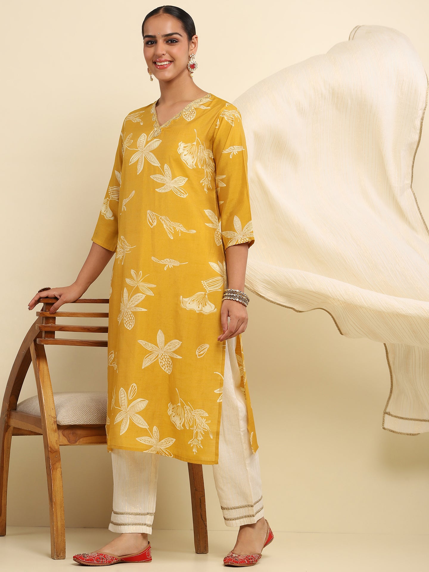 Cotton Embroidered Printed Women's 3 PC Long Kurta Set- Mustard Yellow